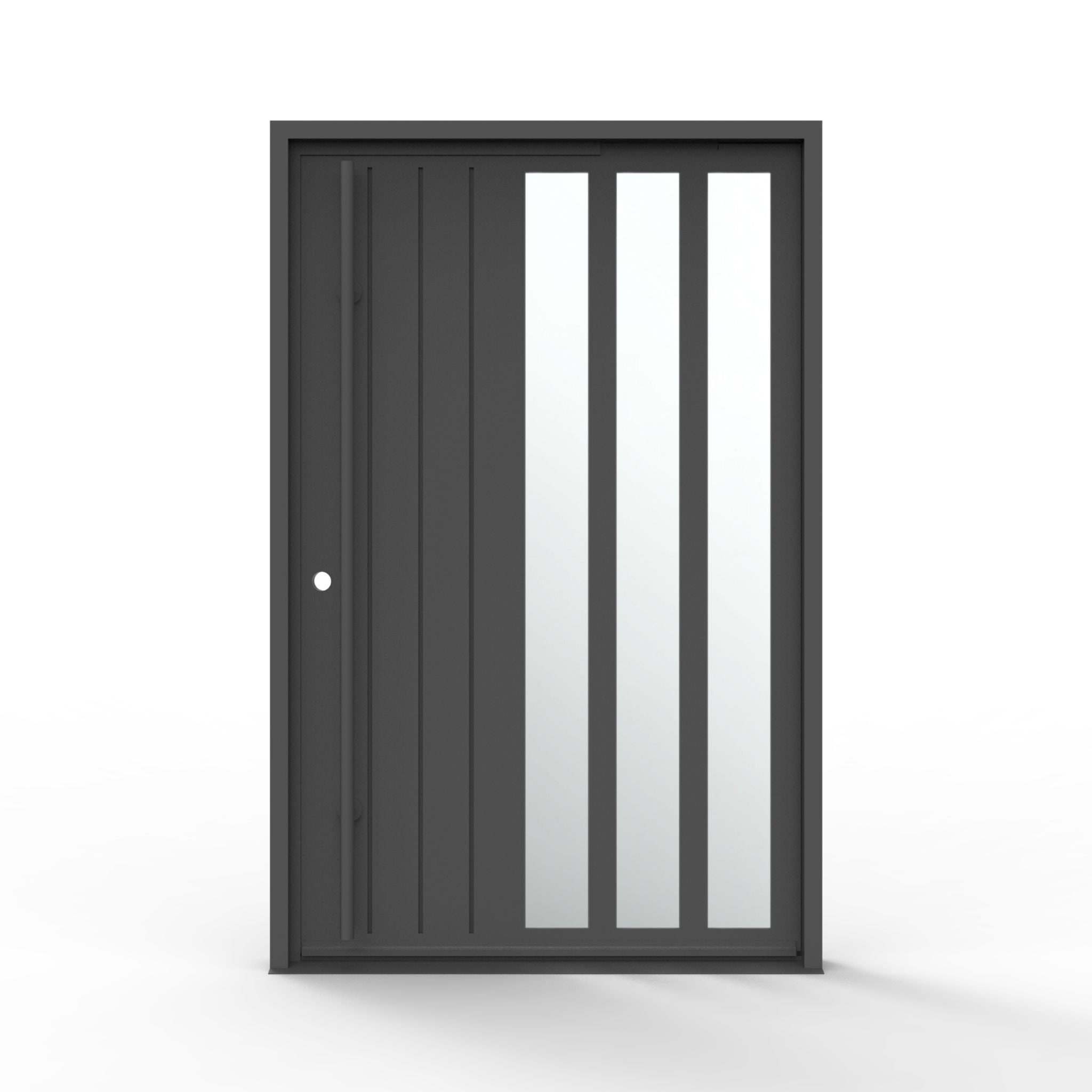 Mirage modern pivot iron door 60x92 inches, right-hand inswing, matte black steel frame with three vertical mirrored glass panels and vertical groove detail