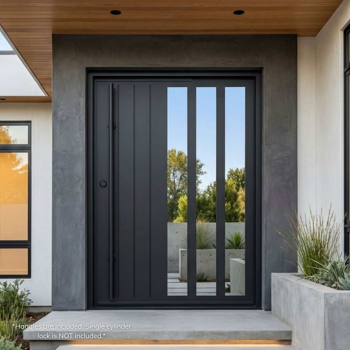 Mirage wrought iron pivot entry door in matte black finish with vertical line paneling and three tall narrow glass lites, installed on a modern home with a wood plank ceiling and concrete facade.