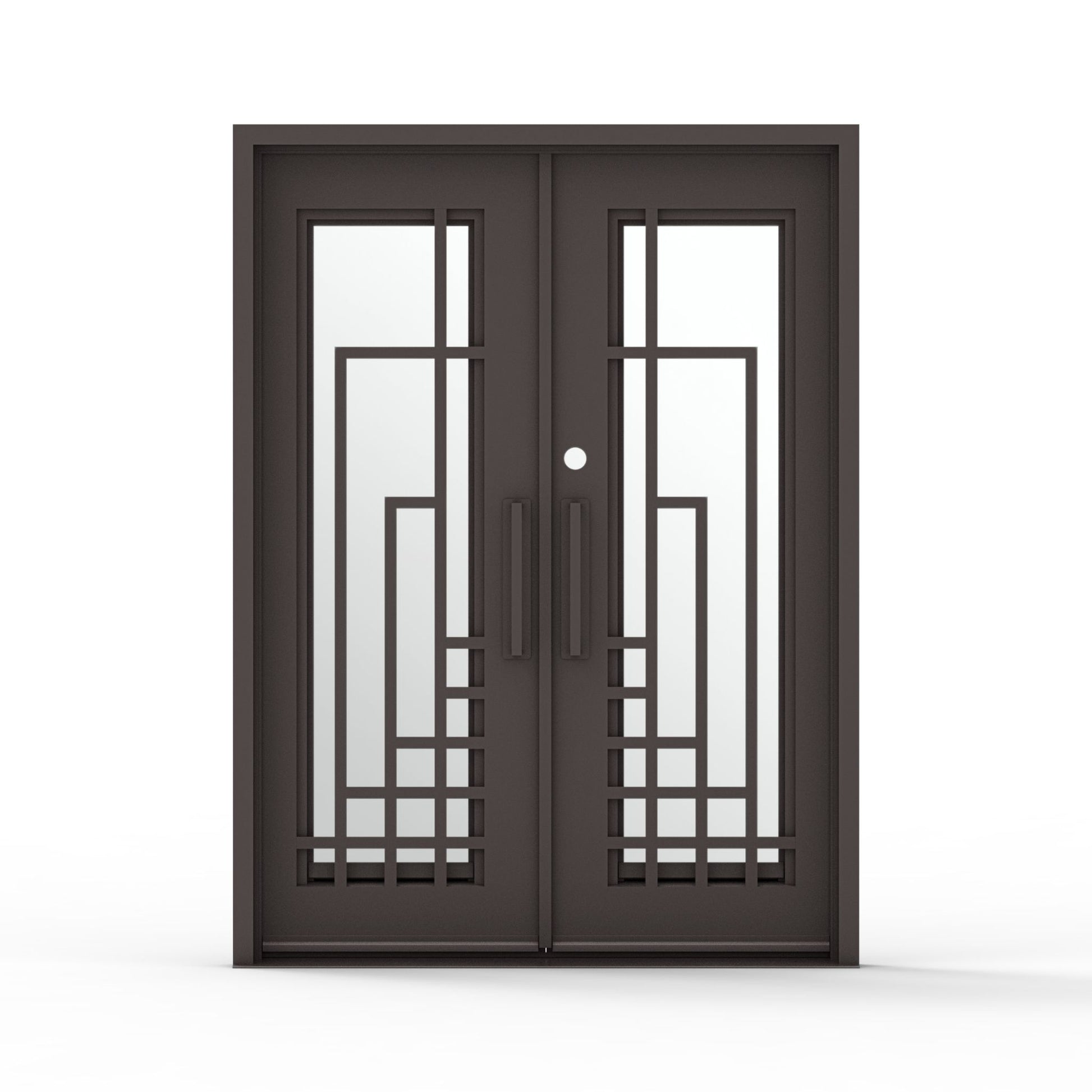 Oil rubbed bronze National iron double front door with decorative geometric design and mirrored privacy glass, front view