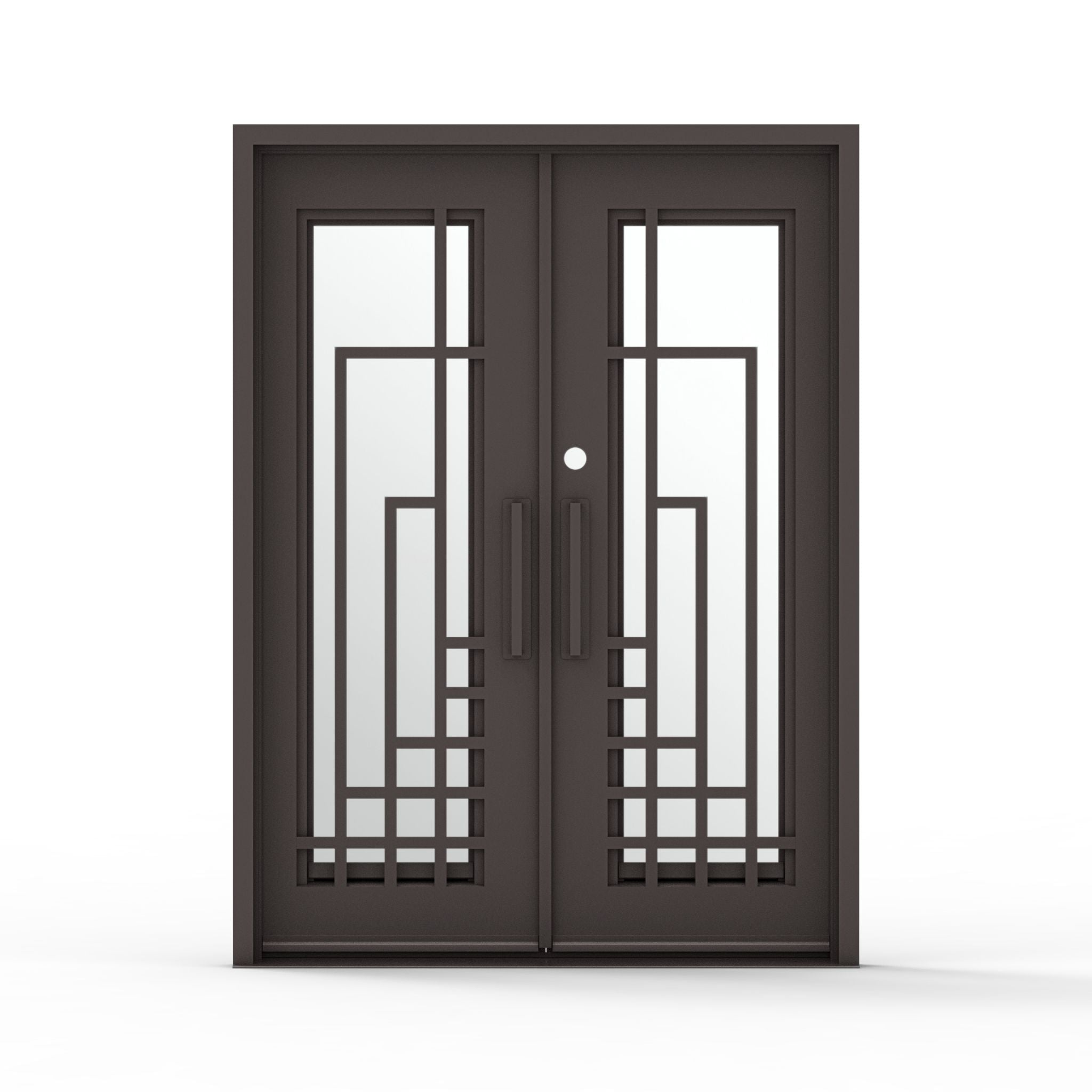 Oil rubbed bronze National iron double front door with decorative geometric design and mirrored privacy glass, front view