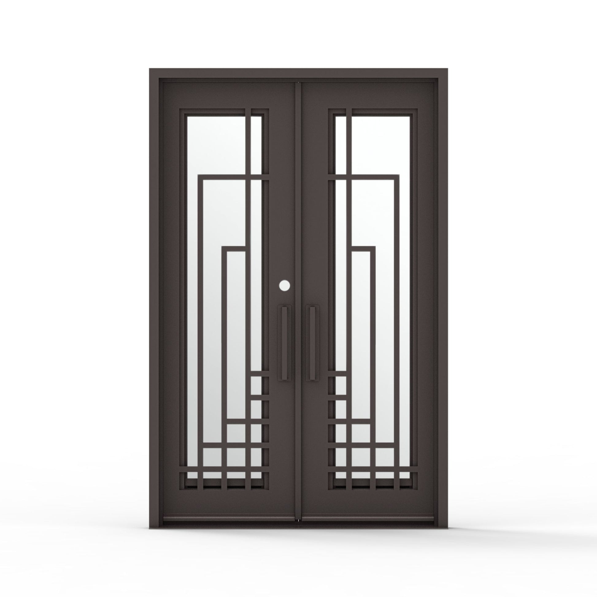 60.5 x 93.25 National iron double door in oil rubbed bronze with mirrored glass and geometric grille details