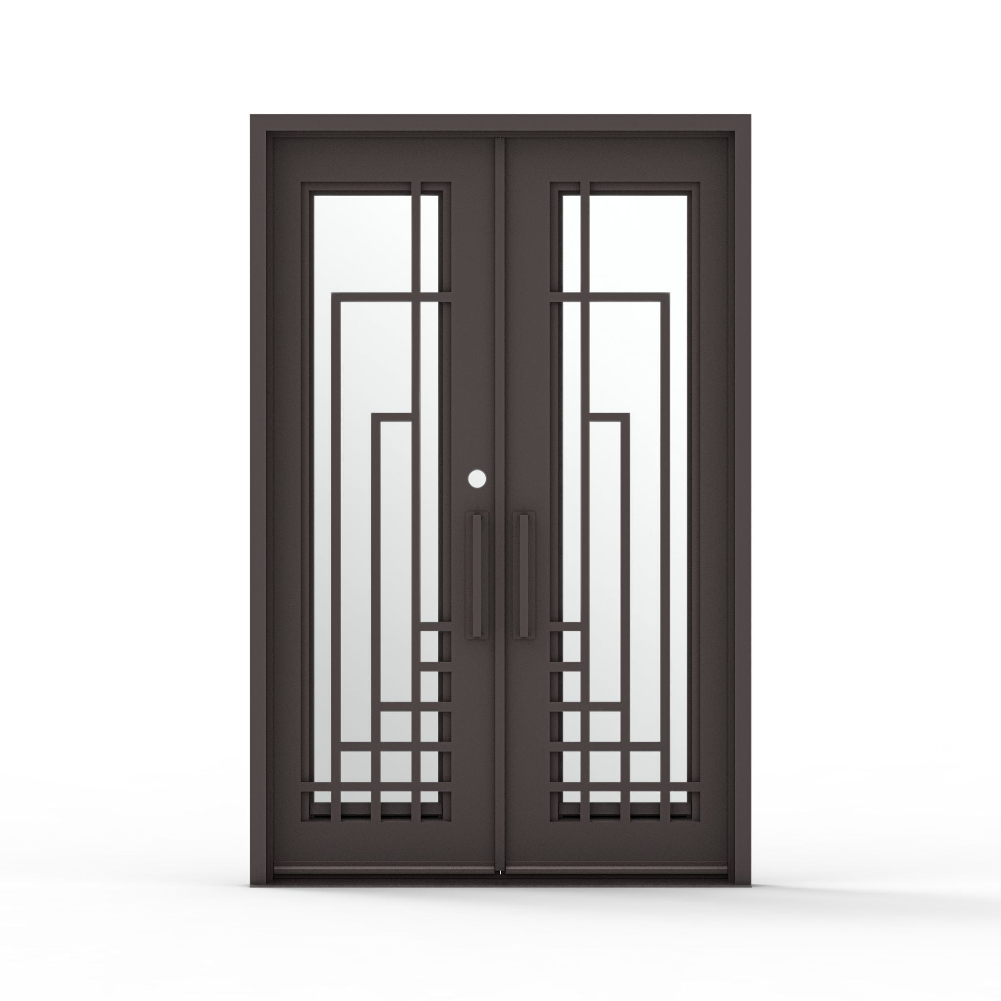 60.5 x 93.25 National iron double door in oil rubbed bronze with mirrored glass and geometric grille details