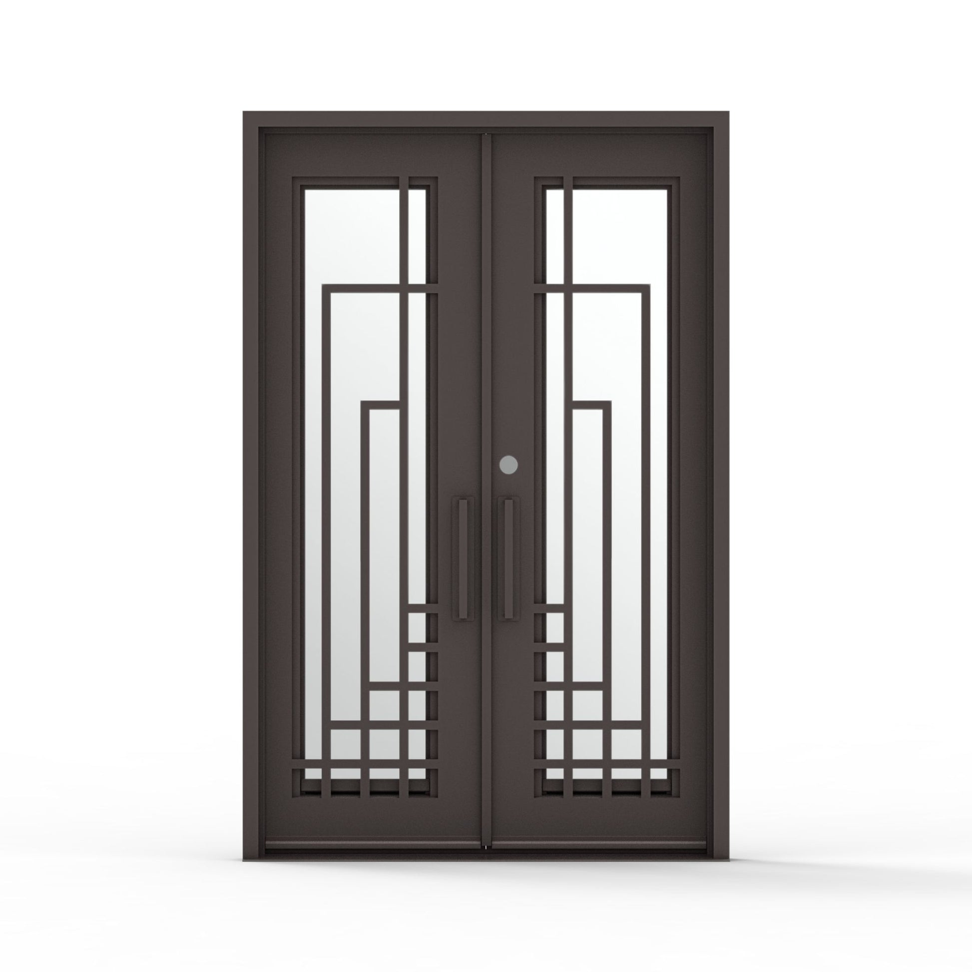 Contemporary exterior oil rubbed bronze double entry iron door with mirrored glass panels and vertical geometric accents