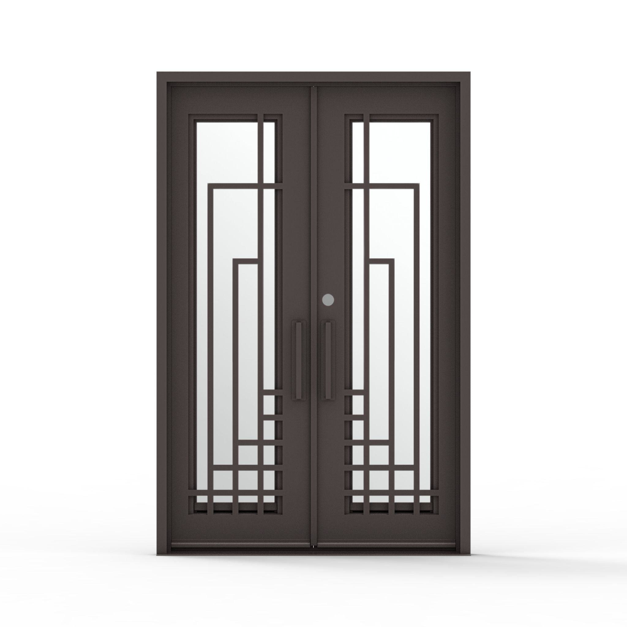Contemporary exterior oil rubbed bronze double entry iron door with mirrored glass panels and vertical geometric accents