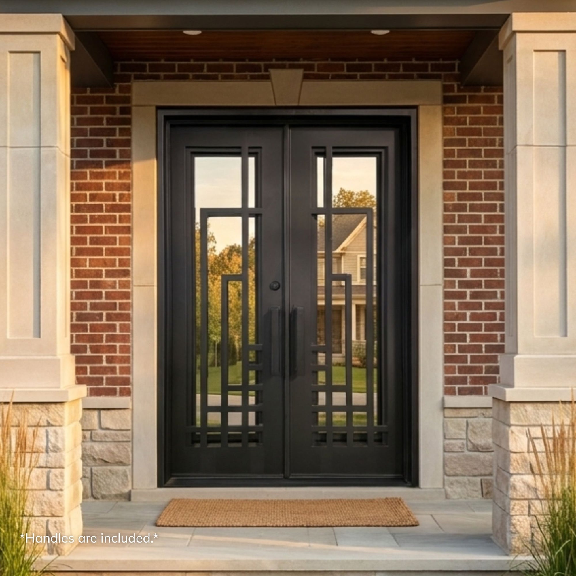 National wrought iron double entry door, matte black finish with geometric linear grille pattern and clear glass, installed on a brick and stone home exterior
