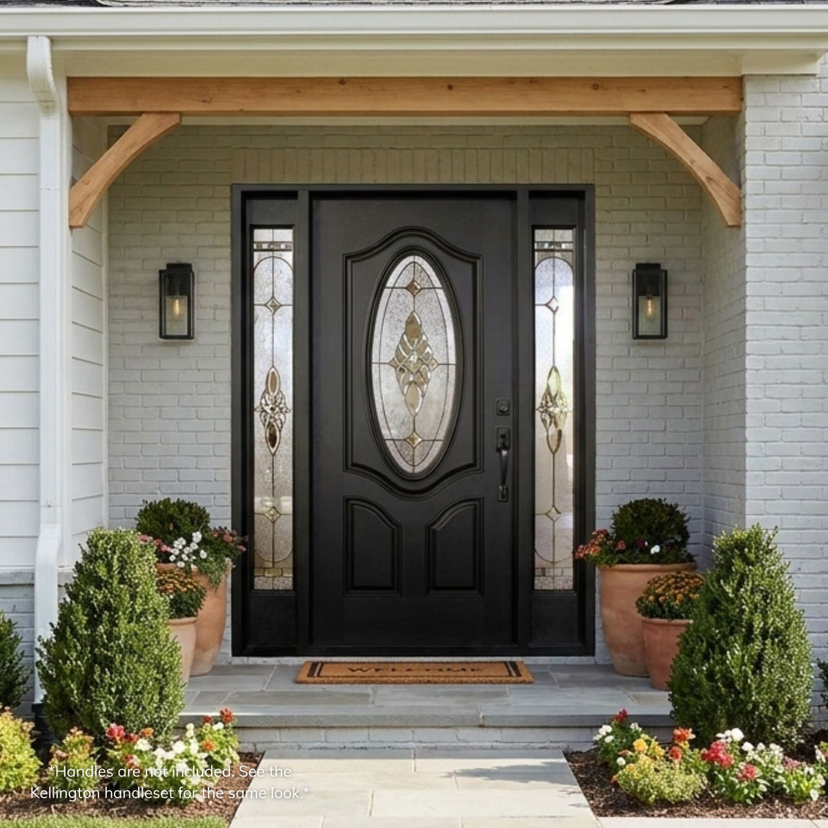 Paris fiberglass single entry door with sidelites in a deep brown finish, featuring an oval decorative glass lite with a floral medallion pattern and matching sidelite glass, installed on a white brick home.