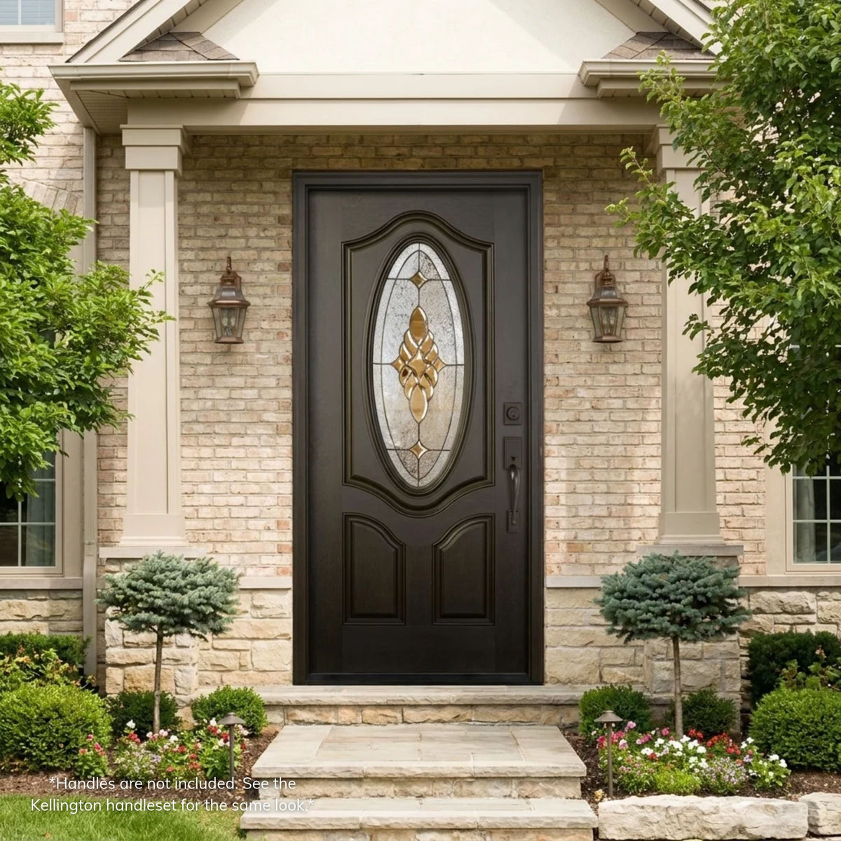 Paris dark brown fiberglass single entry door with oval decorative glass, amber beveled accents, and arched raised panels, on a traditional brick home with a stone base and gabled portico