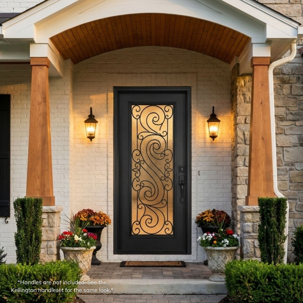 Park fiberglass single entry door in a deep brown finish with a full-lite decorative glass panel featuring a flowing piping design, installed under an arched wood-beam portico on a stone home.