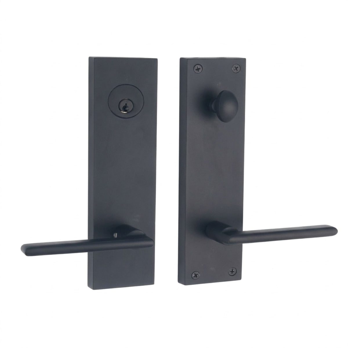 Provence handleset in matte black finish, active (keyed) function, left-hand configuration, shown with a flat rectangular backplate, keyed cylinder, round knob, and lever handle on both interior and exterior sides.