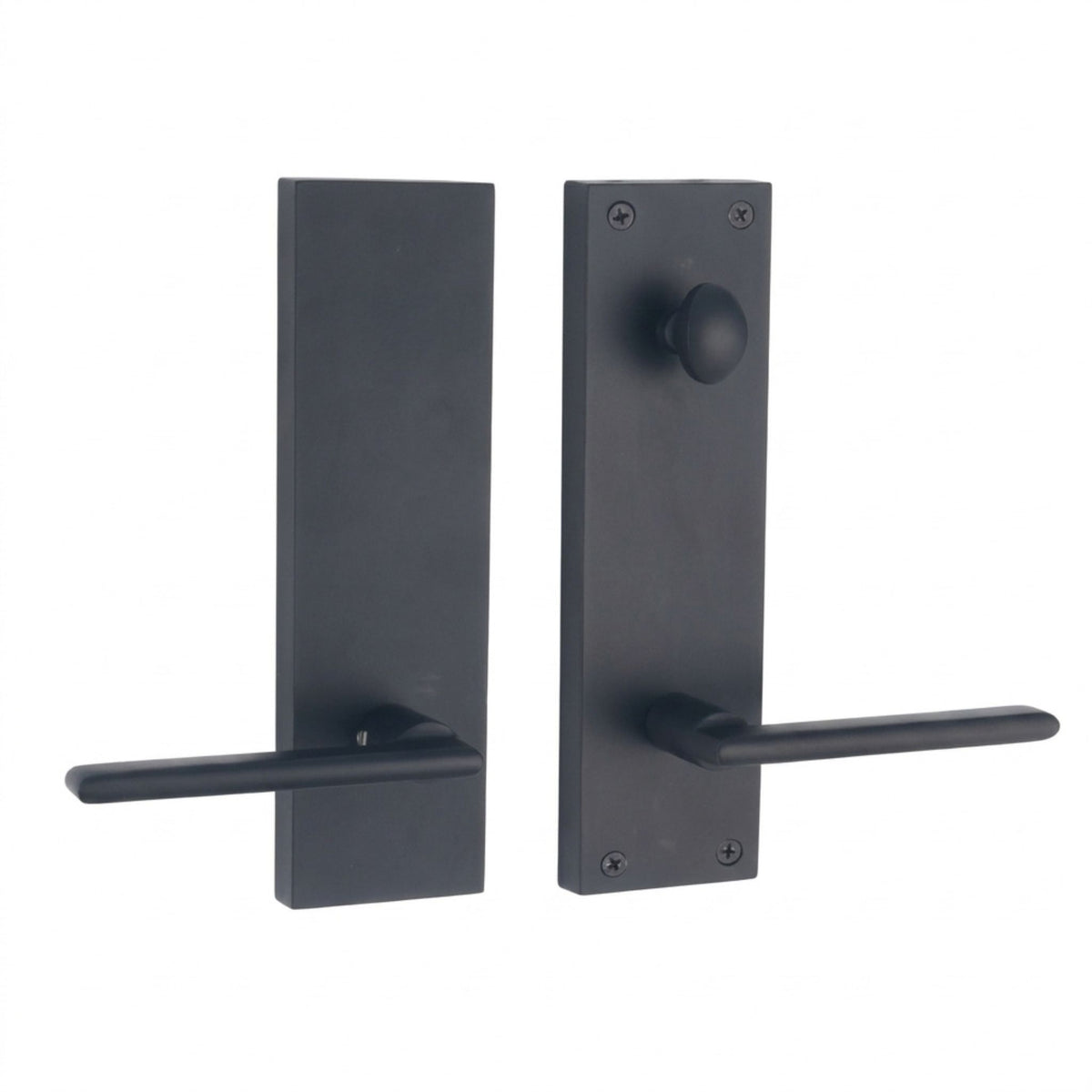Provence handleset in matte black finish, dummy (non-locking) function, left-hand configuration, shown with a flat rectangular backplate, round knob, and lever handle on both interior and exterior sides.