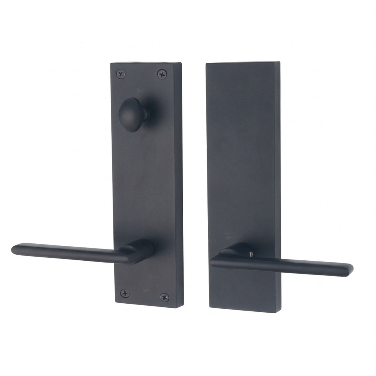 Provence handleset in matte black finish, dummy (non-locking) function, right-hand configuration, shown with a flat rectangular backplate, round knob, and lever handle on both interior and exterior sides.