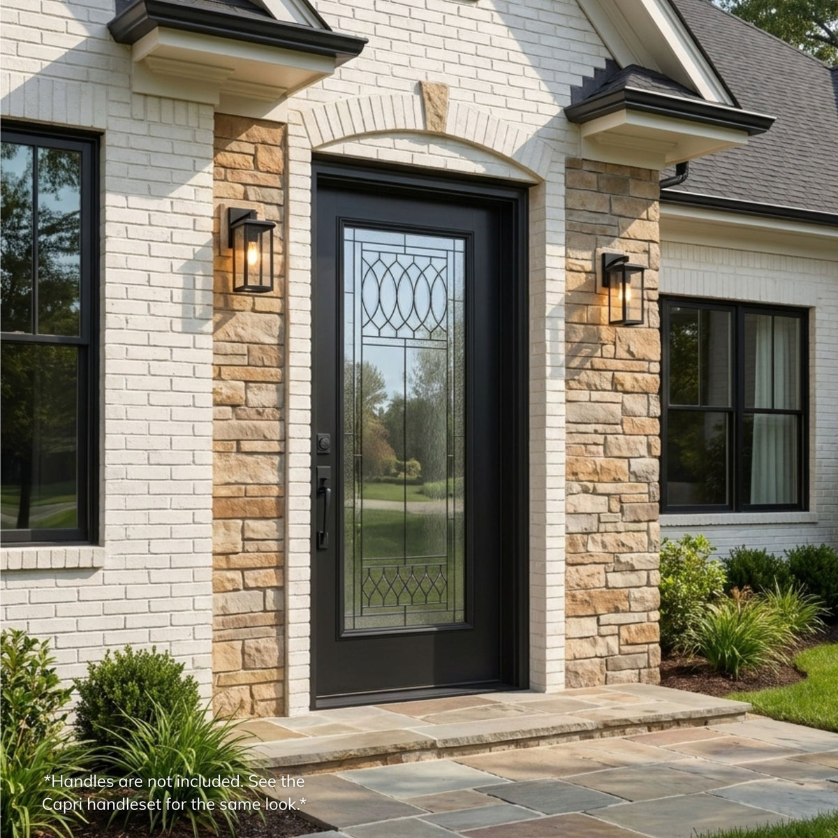 Regency fiberglass single entry door in a prefinished black finish with a full-lite decorative glass panel featuring an oval lattice pattern, installed on suburban home.
