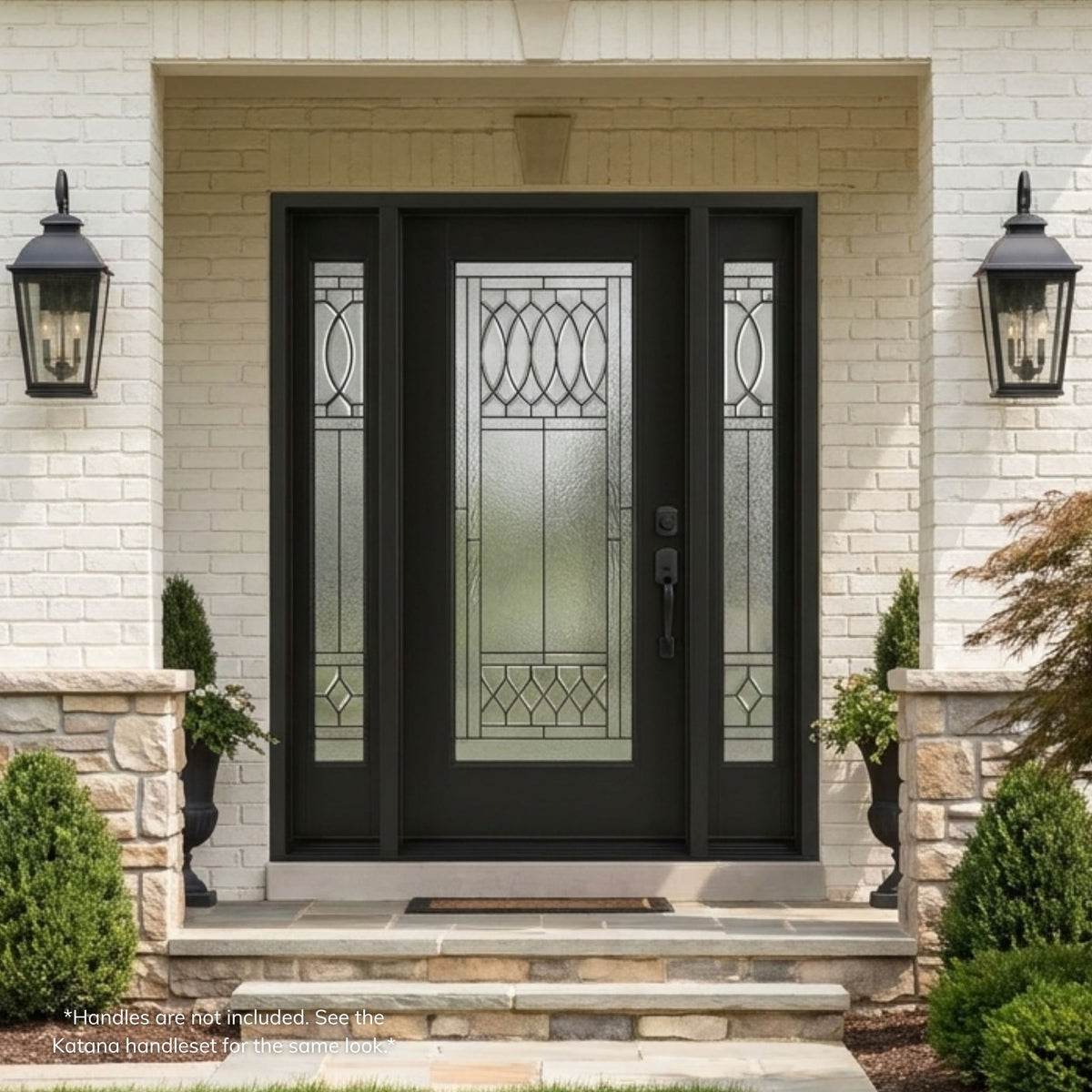 Regency fiberglass single entry door with sidelites in a prefinished matte black finish, featuring a full-lite decorative glass panel with an oval lattice pattern echoed in the sidelites, installed on a brick home.