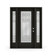 Regency prefinished black fiberglass single entry door with two sidelites 60x80 inches, left-hand inswing, full-lite decorative oval and diamond leaded glass pattern on door and matching sidelites