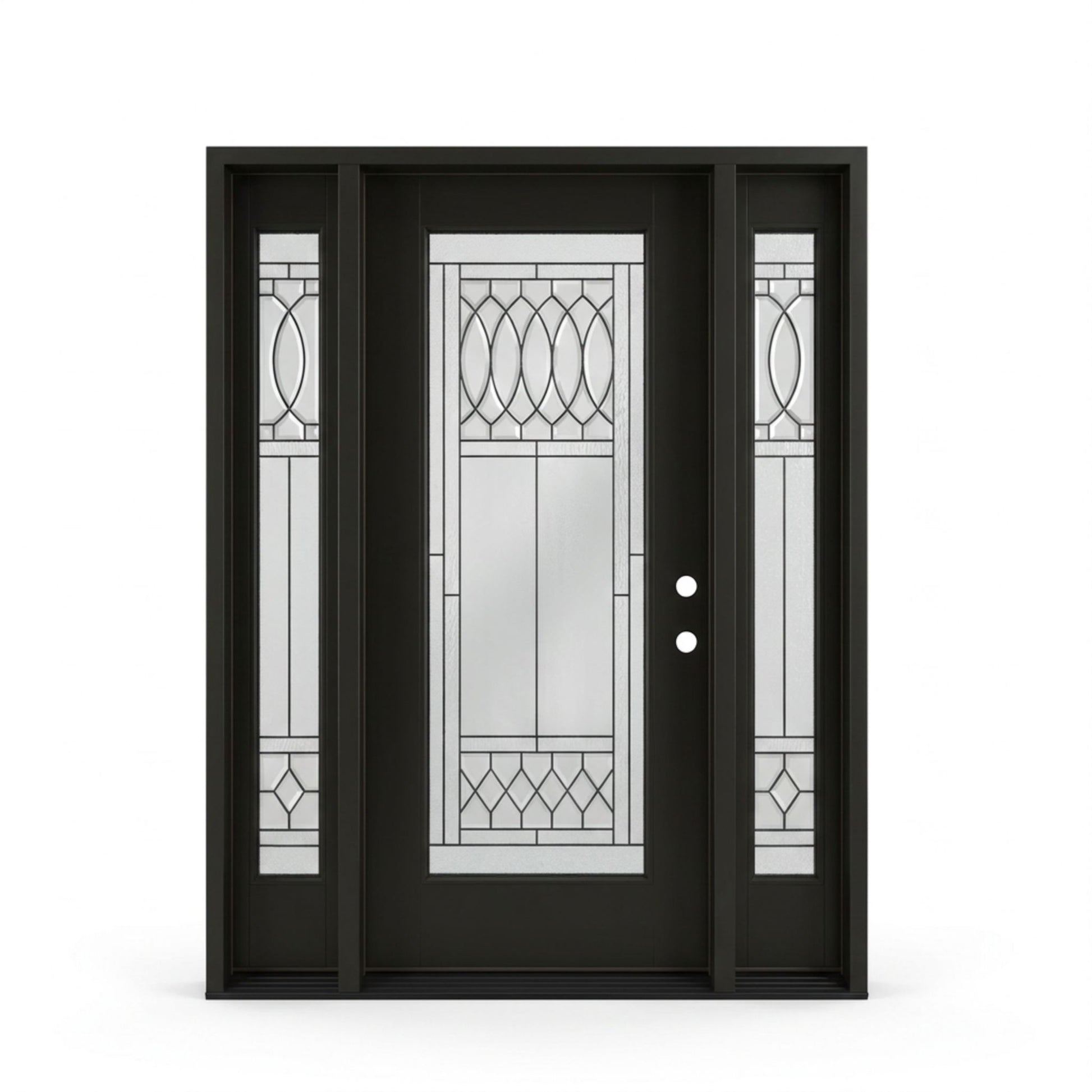 Regency prefinished black fiberglass single entry door with two sidelites 60x80 inches, left-hand inswing, full-lite decorative oval and diamond leaded glass pattern on door and matching sidelites
