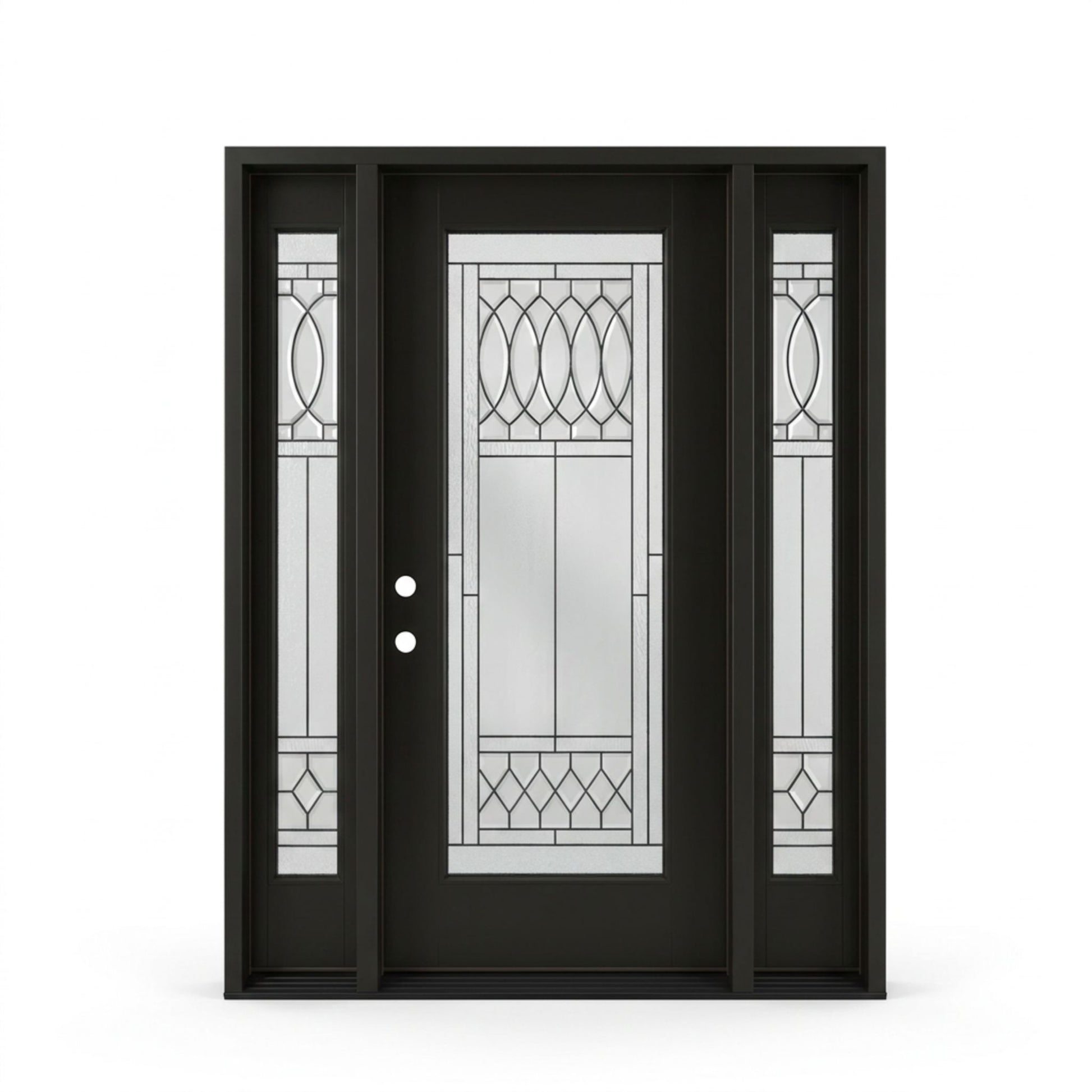 Regency prefinished smooth black fiberglass single entry door with two sidelites 60x80 inches, right-hand inswing, full-lite decorative oval and diamond leaded glass pattern on door and matching sidelites