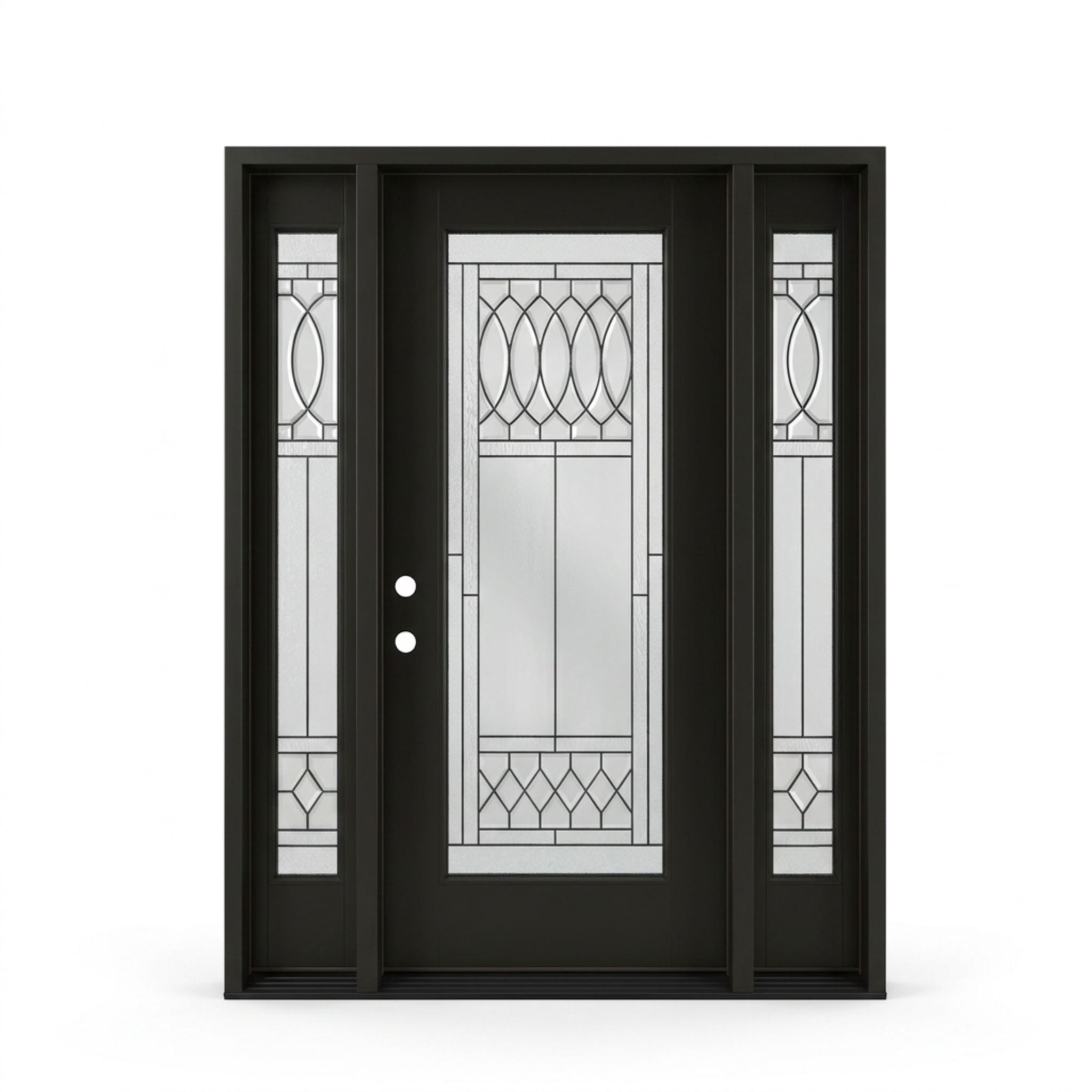 Regency prefinished smooth black fiberglass single entry door with two sidelites 60x80 inches, right-hand inswing, full-lite decorative oval and diamond leaded glass pattern on door and matching sidelites