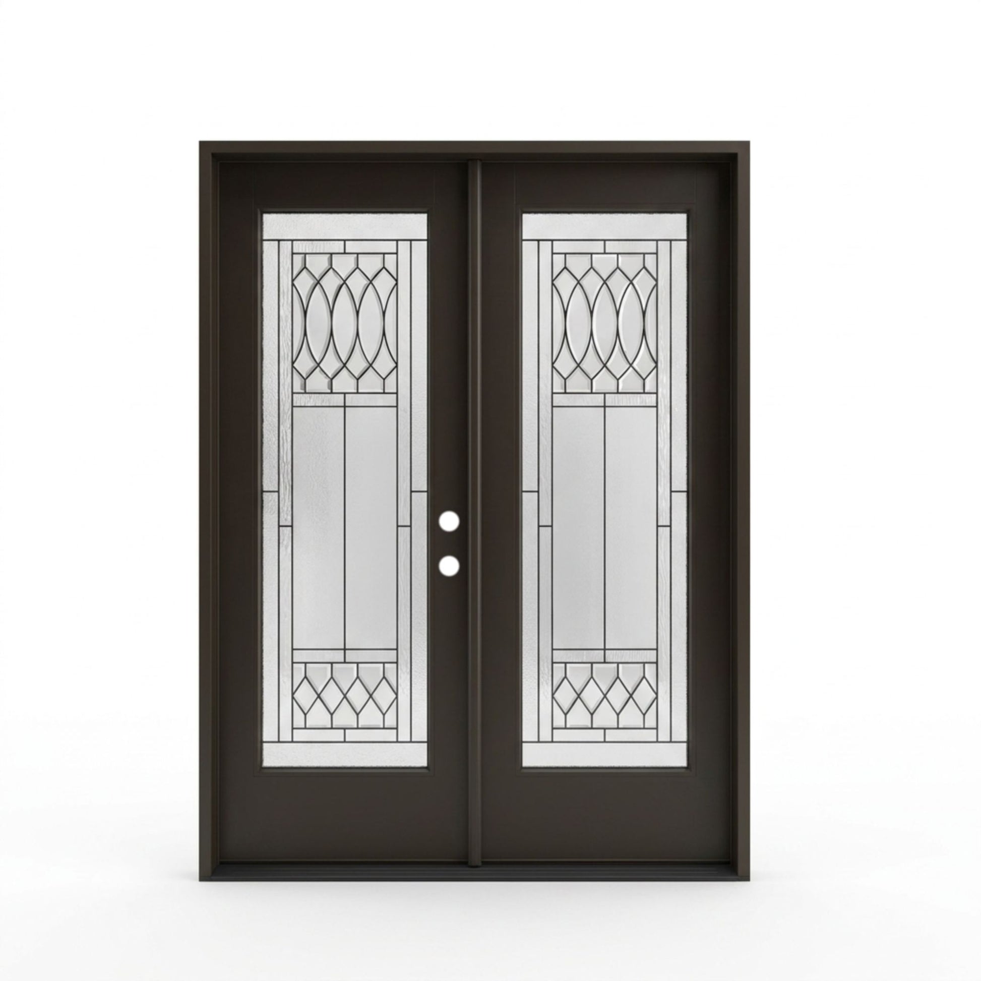 Regency prefinished black fiberglass double entry door 60x80 inches, left-hand inswing, full-lite decorative oval and diamond leaded glass pattern on both panels