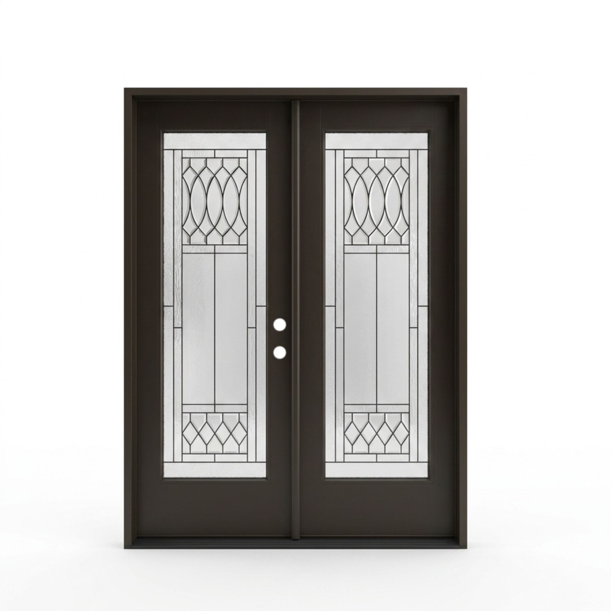 Regency prefinished black fiberglass double entry door 60x80 inches, left-hand inswing, full-lite decorative oval and diamond leaded glass pattern on both panels