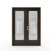 Regency prefinished black fiberglass double exterior entry door 60x80 inches, right-hand inswing, full-lite decorative oval and diamond leaded glass pattern on both panels