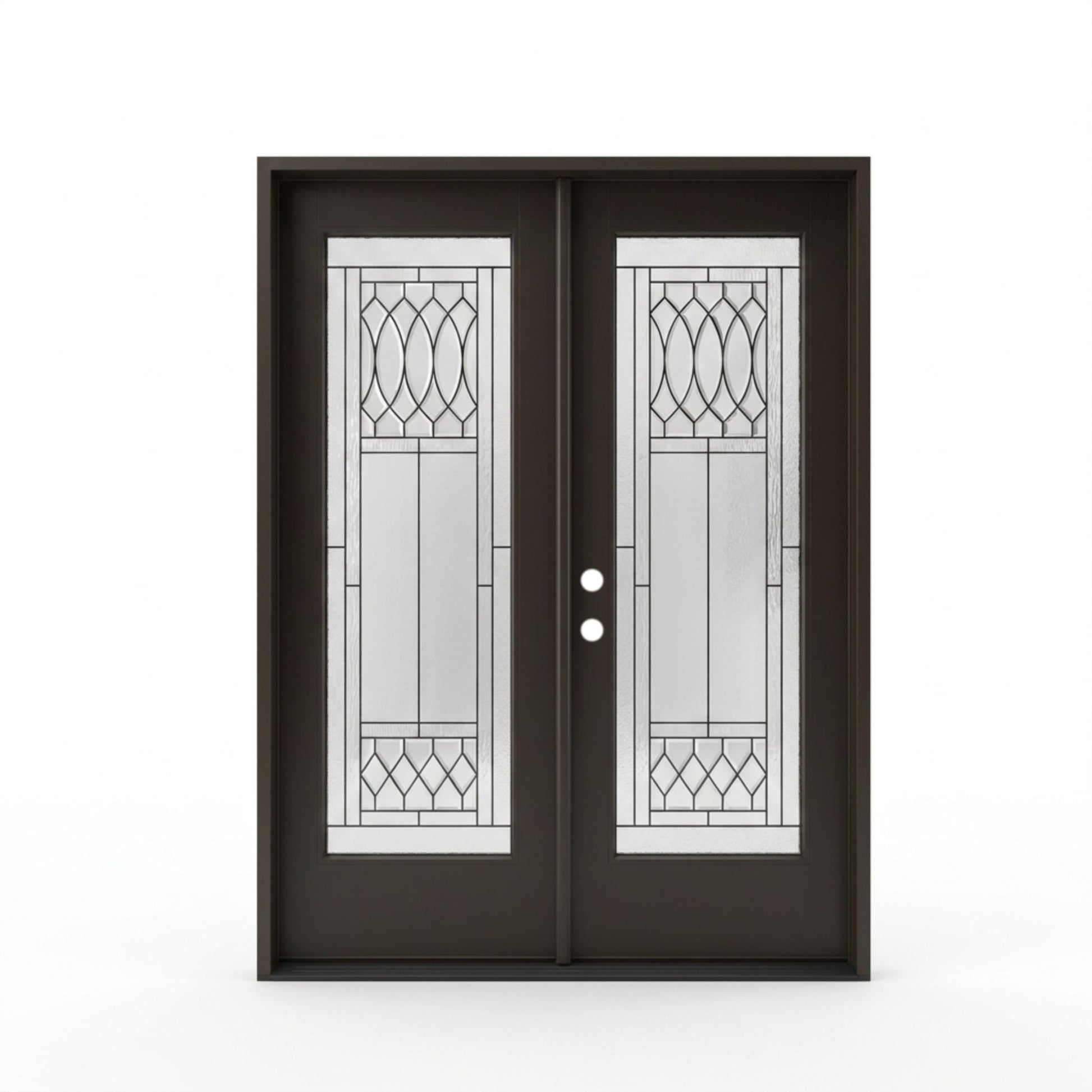 Regency prefinished black fiberglass double exterior entry door 60x80 inches, right-hand inswing, full-lite decorative oval and diamond leaded glass pattern on both panels