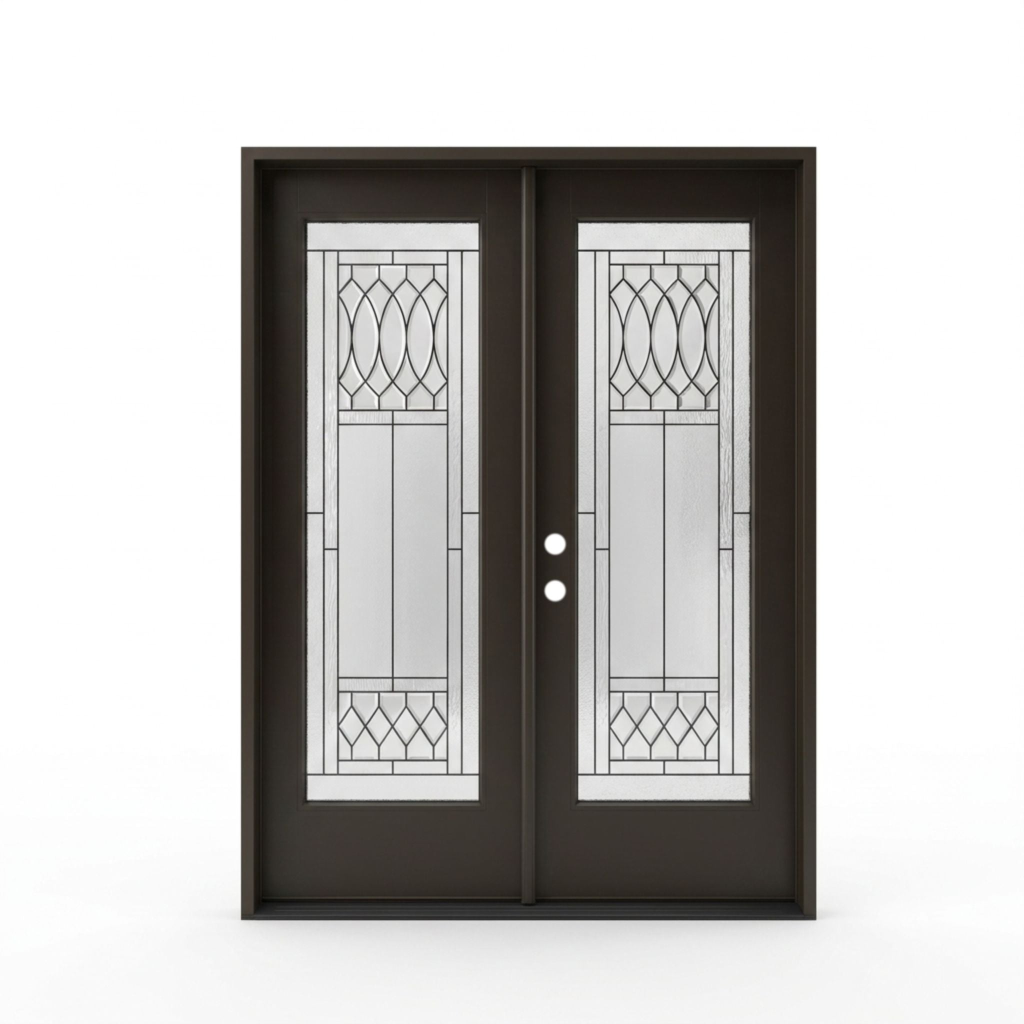 Regency prefinished black fiberglass double exterior entry door 60x80 inches, right-hand inswing, full-lite decorative oval and diamond leaded glass pattern on both panels