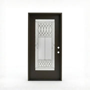 Regency prefinished black fiberglass single exterior door 36x80 inches, left-hand inswing, full-lite decorative glass with oval and diamond leaded glass pattern