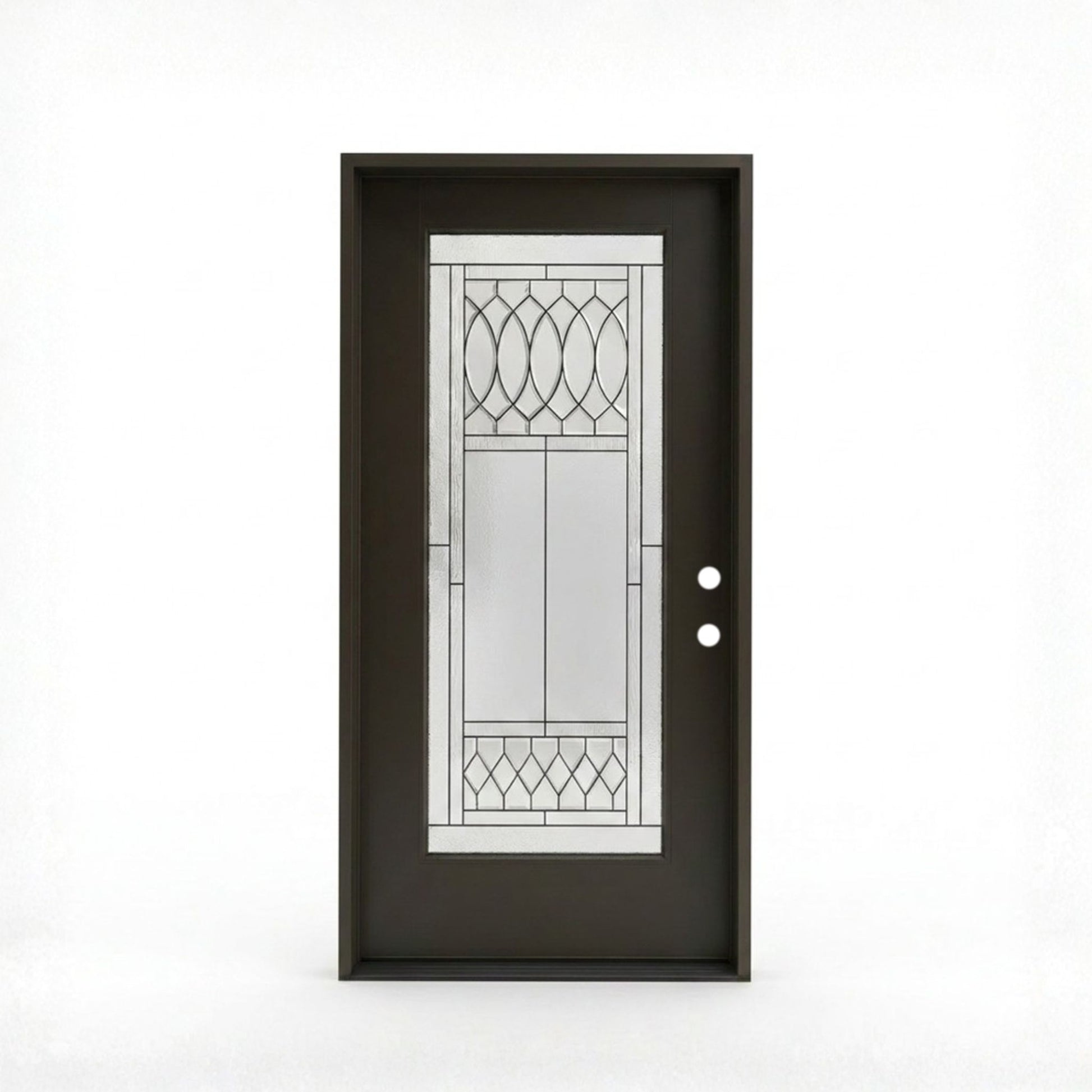 Regency prefinished black fiberglass single exterior door 36x80 inches, left-hand inswing, full-lite decorative glass with oval and diamond leaded glass pattern