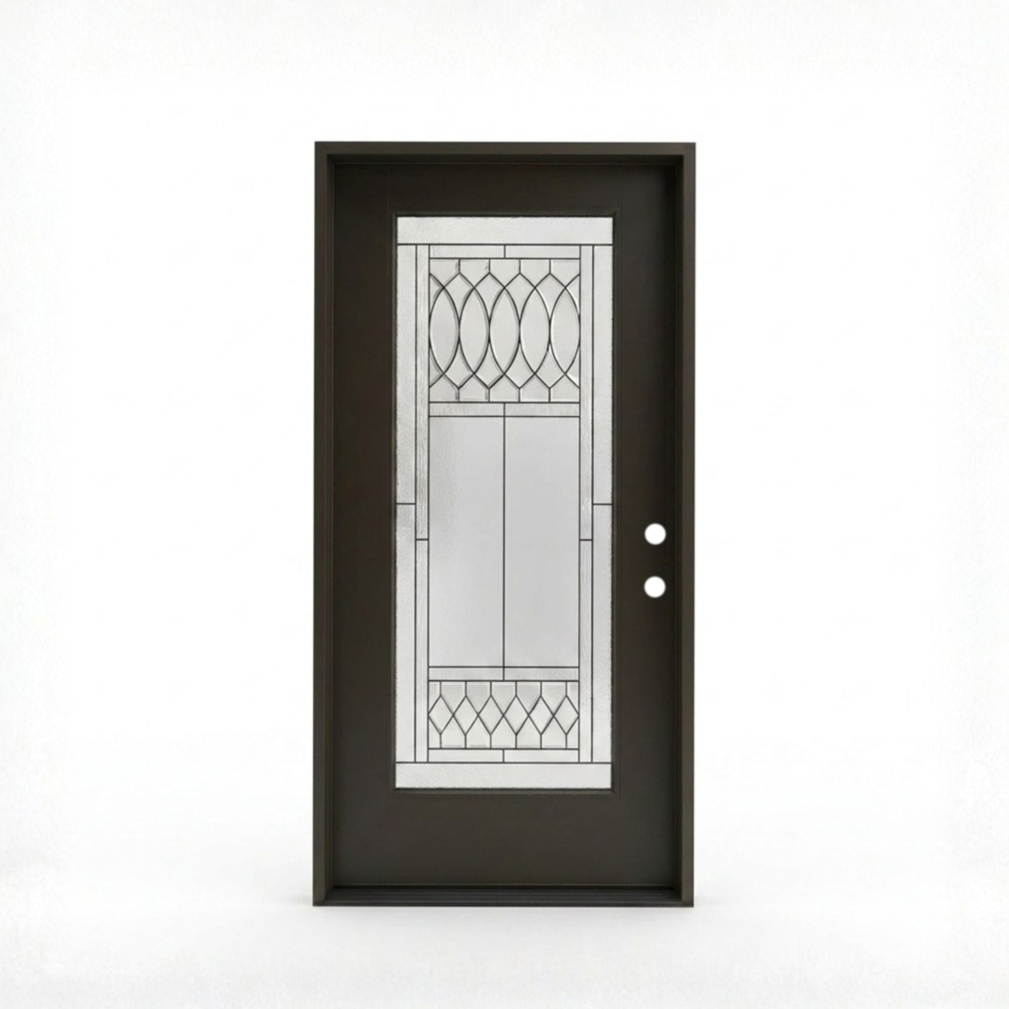 Regency prefinished black fiberglass single exterior door 36x80 inches, left-hand inswing, full-lite decorative glass with oval and diamond leaded glass pattern