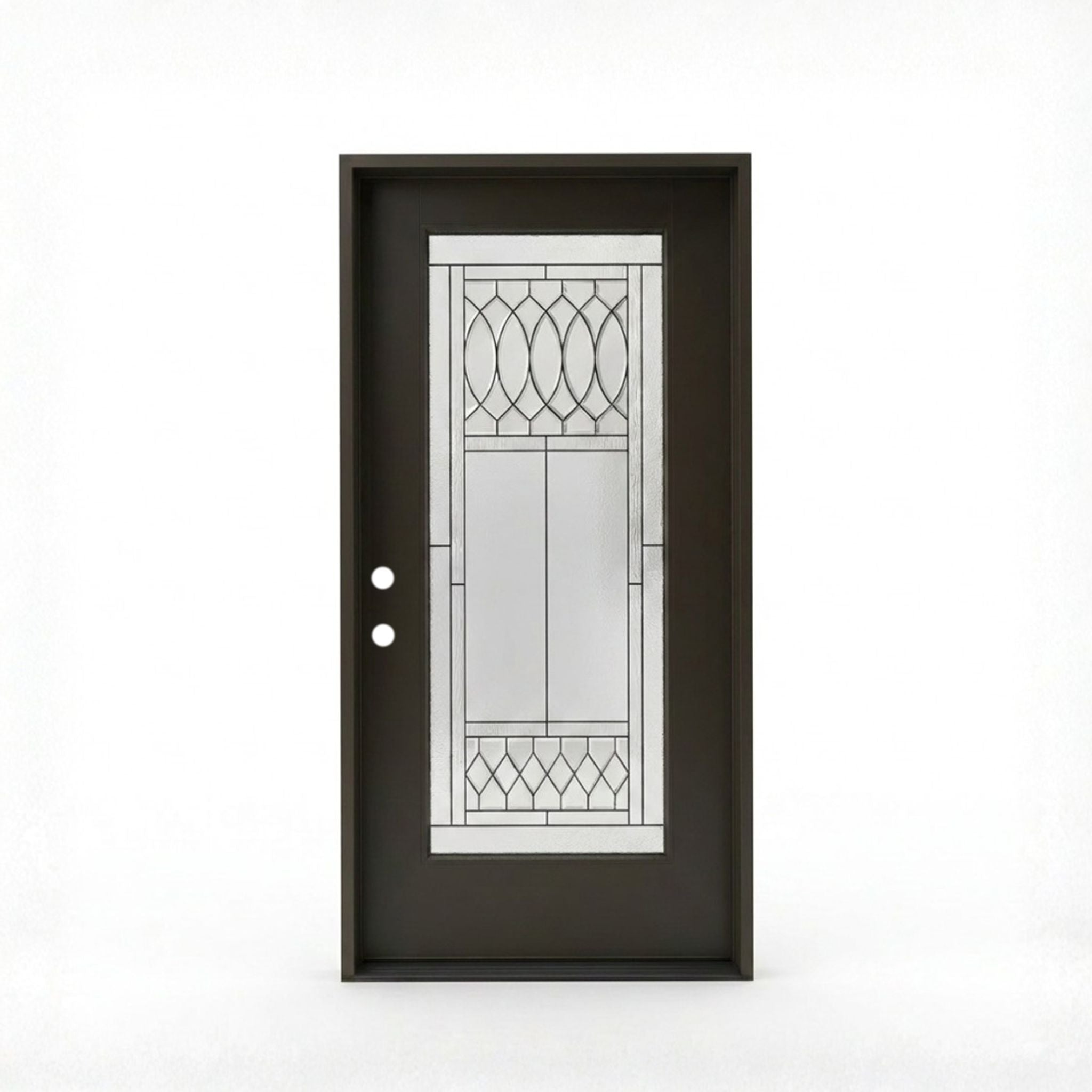 Regency prefinished black fiberglass single entry door 36x80 inches, right-hand inswing, full-lite decorative glass with oval and diamond leaded glass pattern