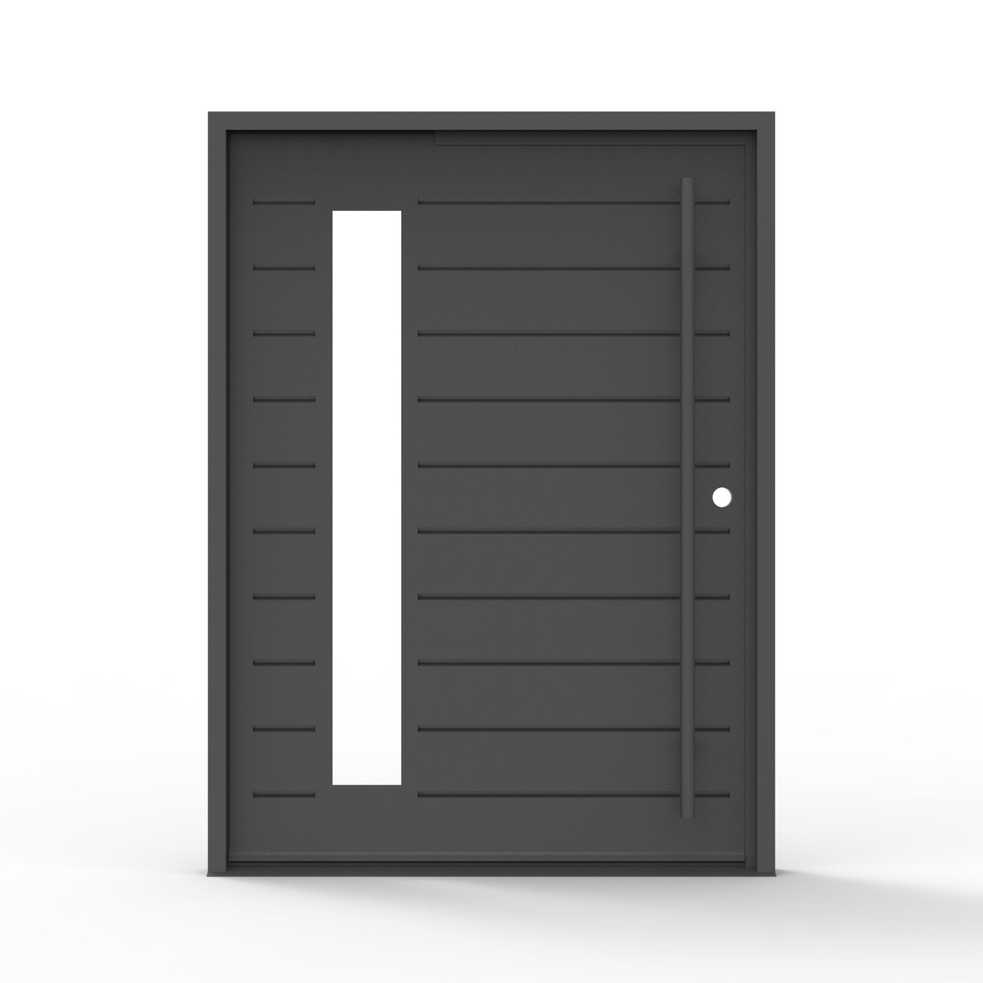 Seminole iron pivot door, vertical clear glass, horizontal grooved design, front