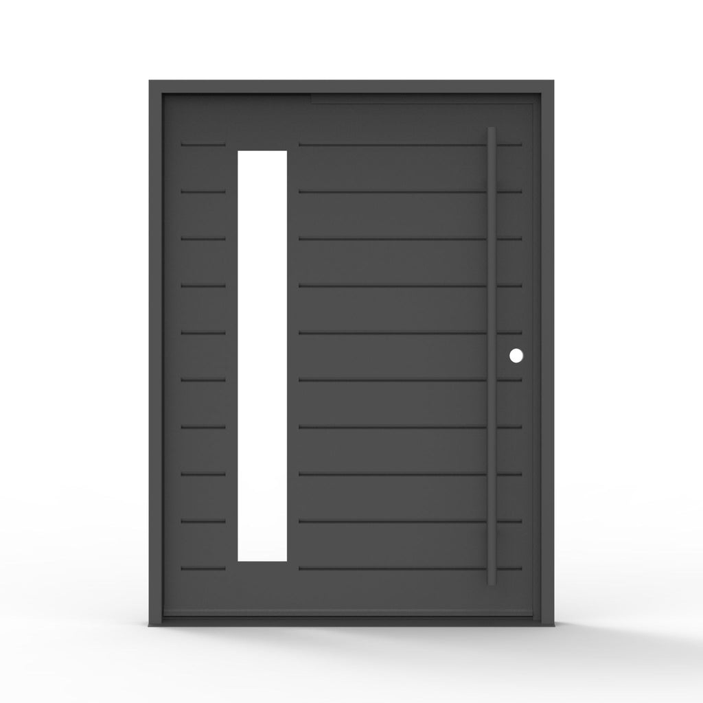 Seminole iron pivot door, vertical clear glass, horizontal grooved design, front