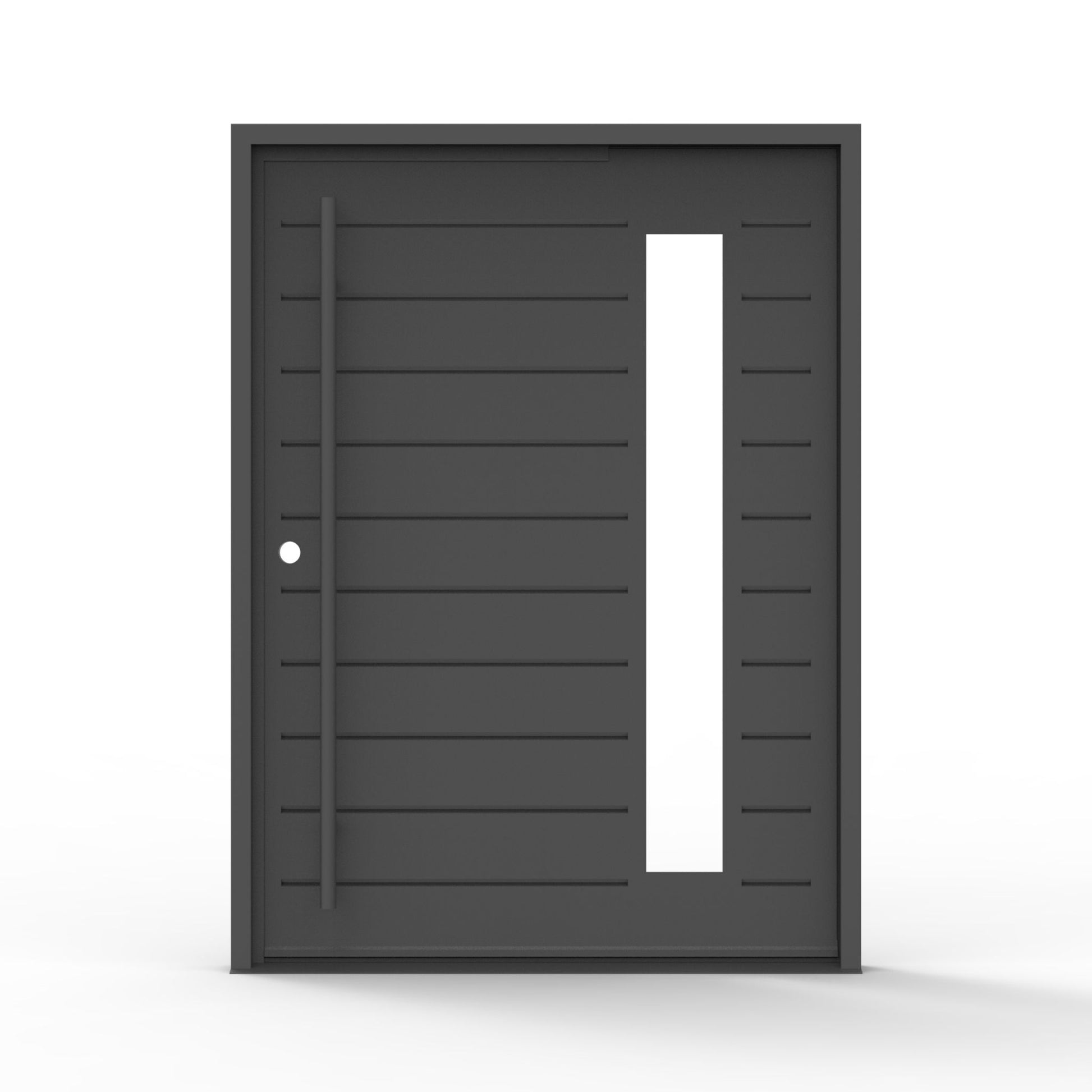Seminole iron pivot exterior door, vertical clear glass, grooved design