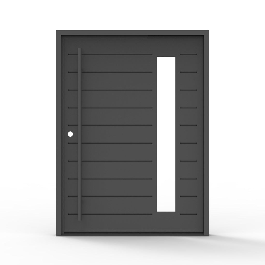 Seminole iron pivot exterior door, vertical clear glass, grooved design