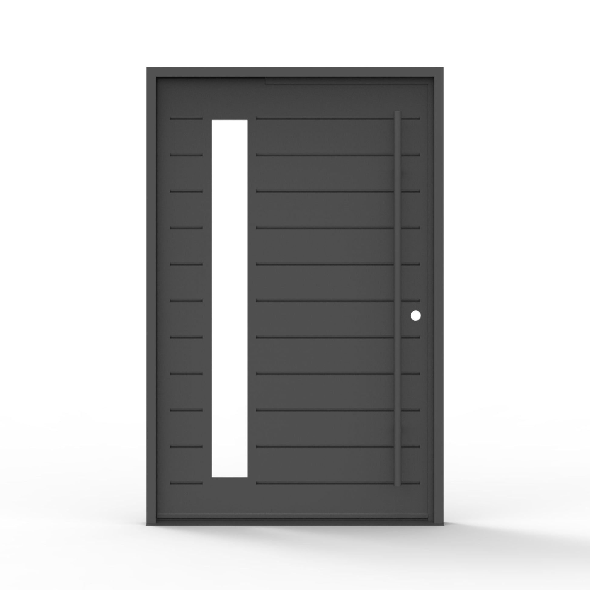Seminole iron pivot door, clear glass, horizontal grooved lines, exterior view