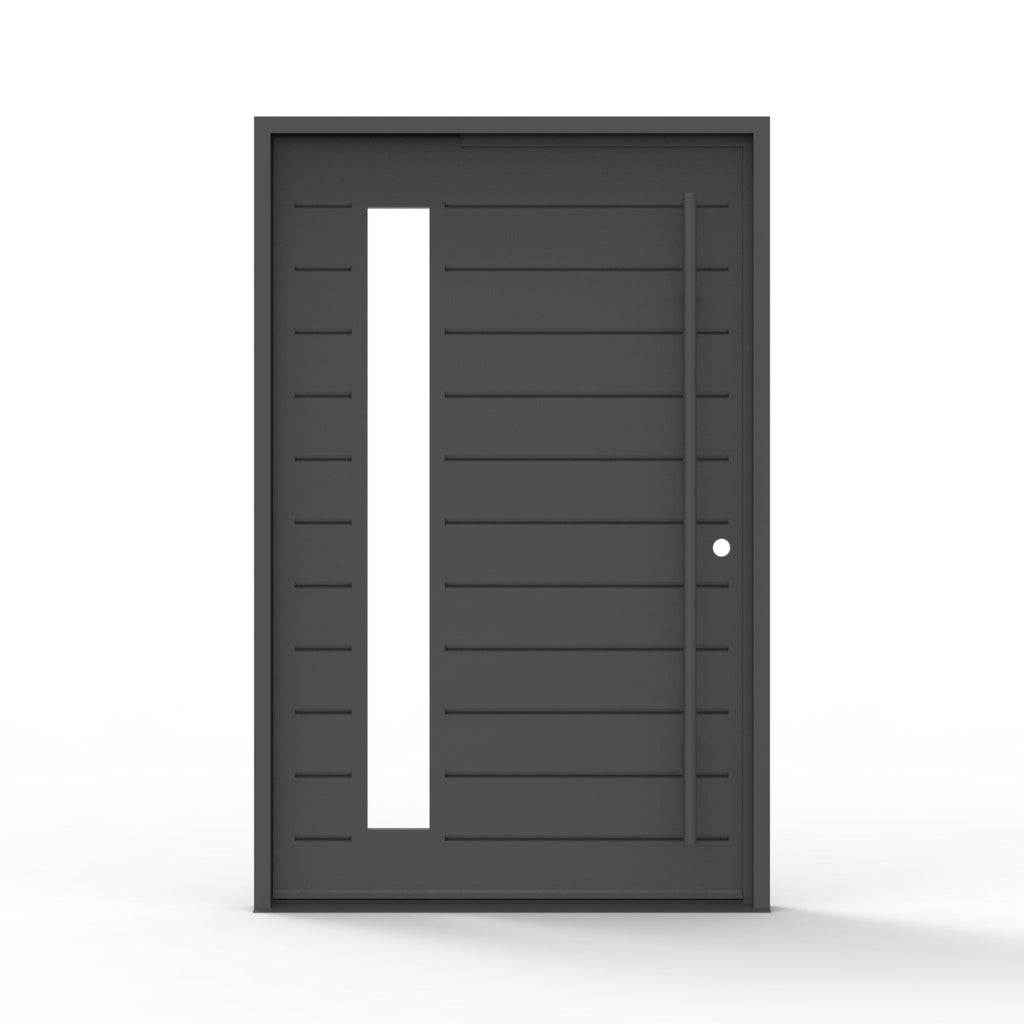 Seminole iron pivot door, clear glass, horizontal grooved lines, exterior view