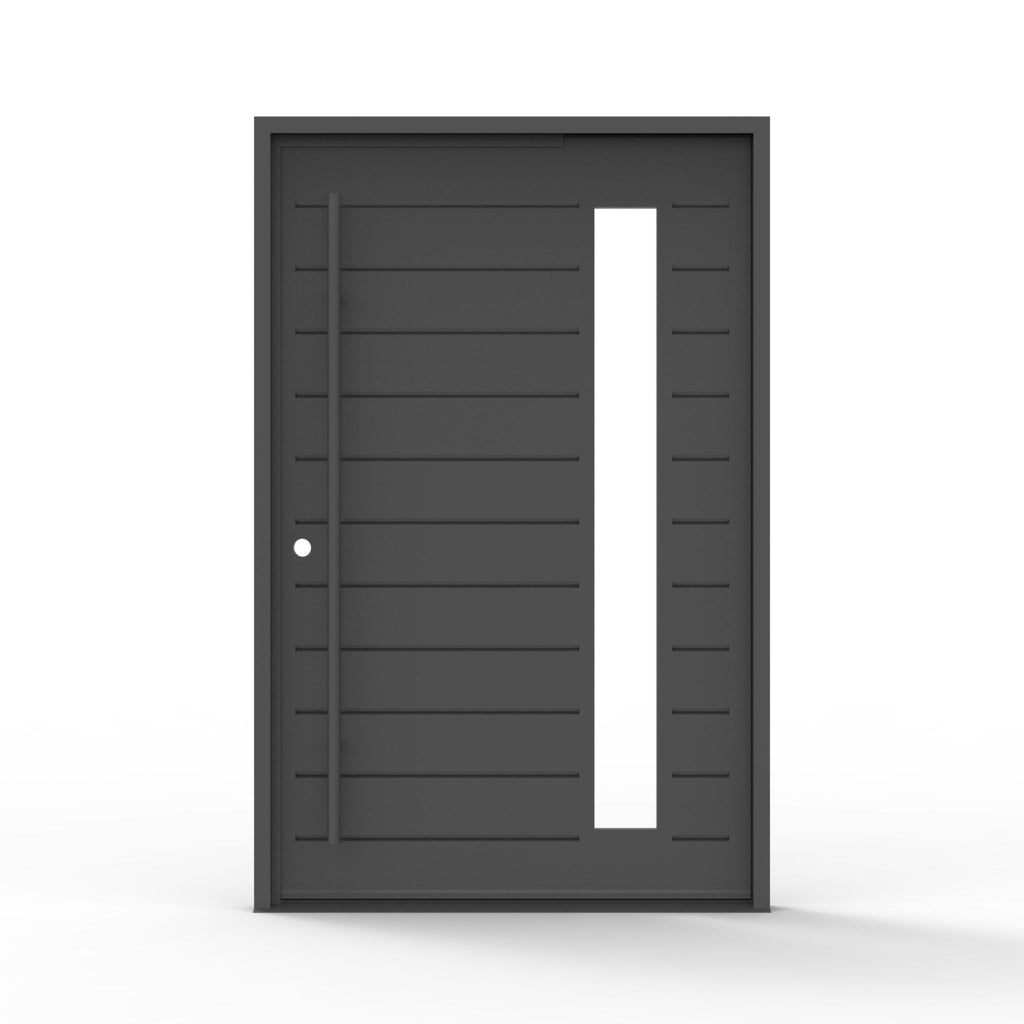 Seminole iron pivot front door, clear glass, horizontal grooves