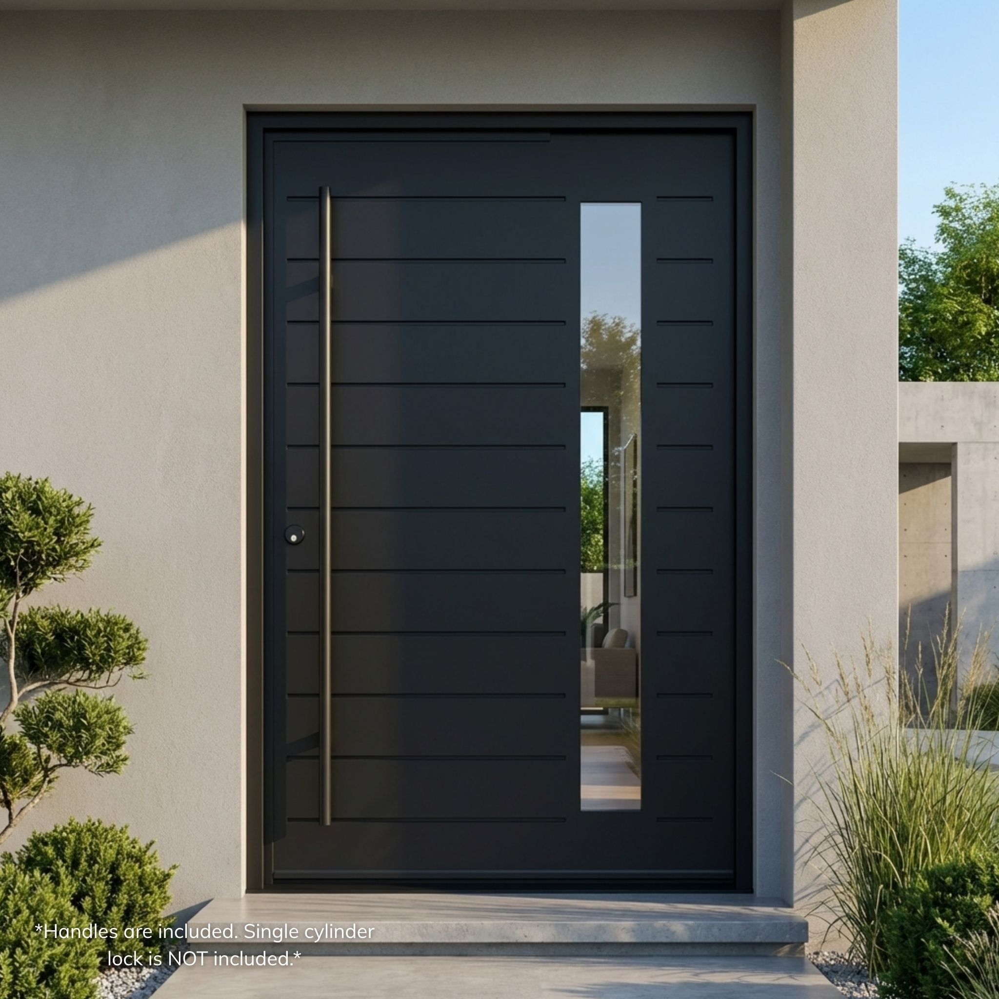 Seminole wrought iron pivot entry door, matte black finish with horizontal slat design and narrow vertical clear glass lite, installed on a modern stucco home exterior