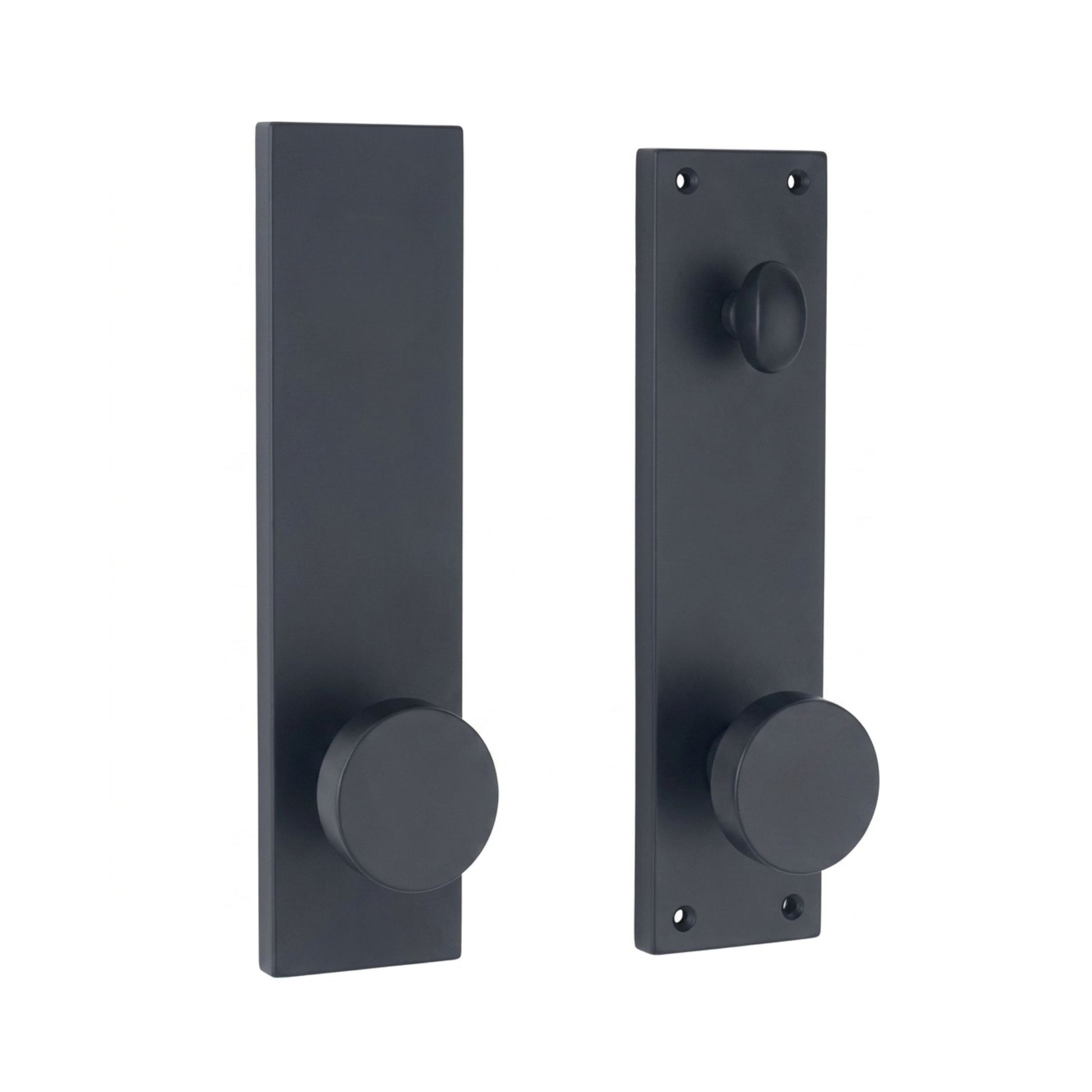 Seville dummy door handleset in matte black finish, square backplate with round flat knob, no-lock dummy function for inactive doors, shown as exterior and interior set