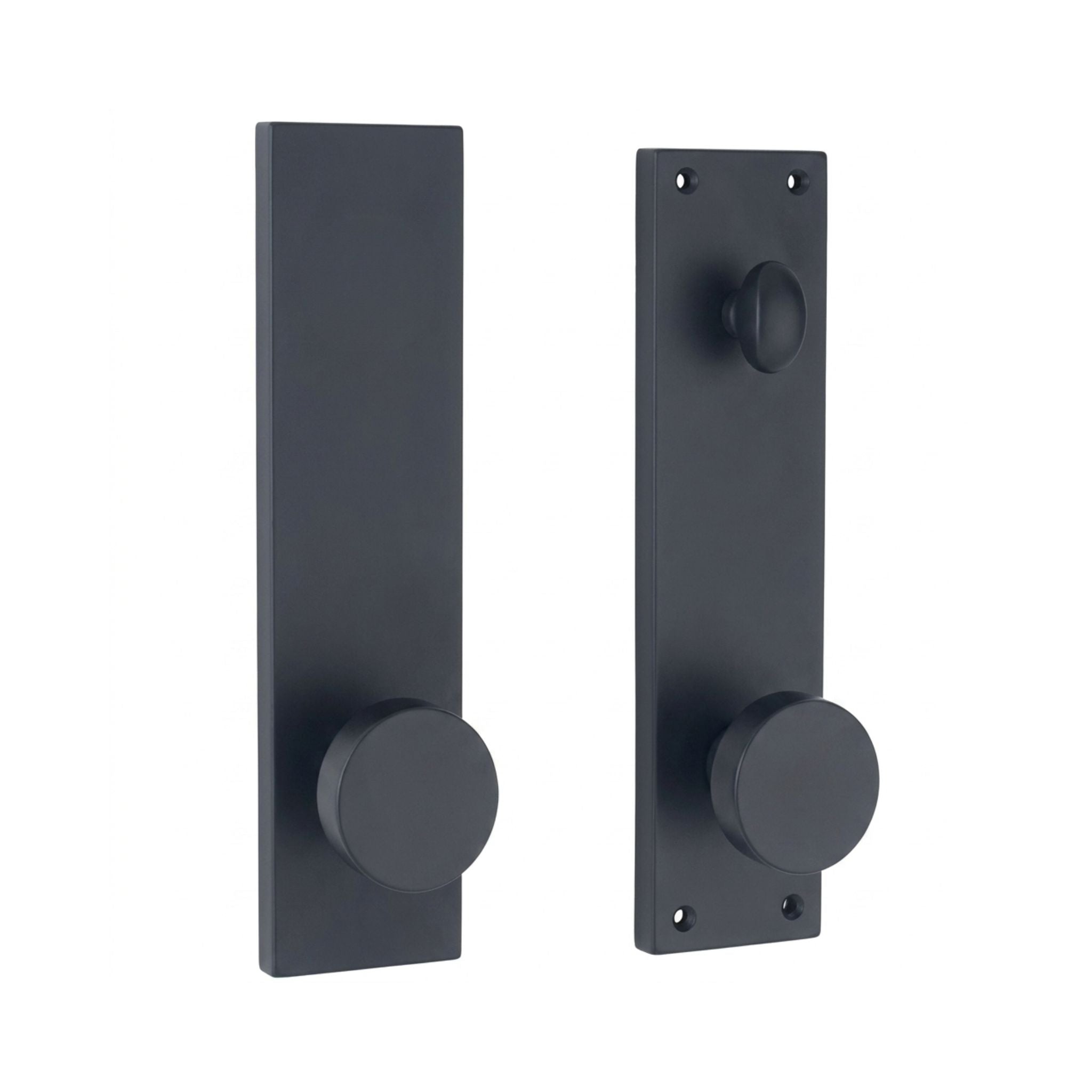 Seville dummy door handleset in matte black finish, square backplate with round flat knob, no-lock dummy function for inactive doors, shown as exterior and interior set