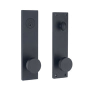 Seville door handleset in matte black finish, square backplate with round flat knob, keyed deadbolt exterior and interior turn knob, shown as exterior and interior set
