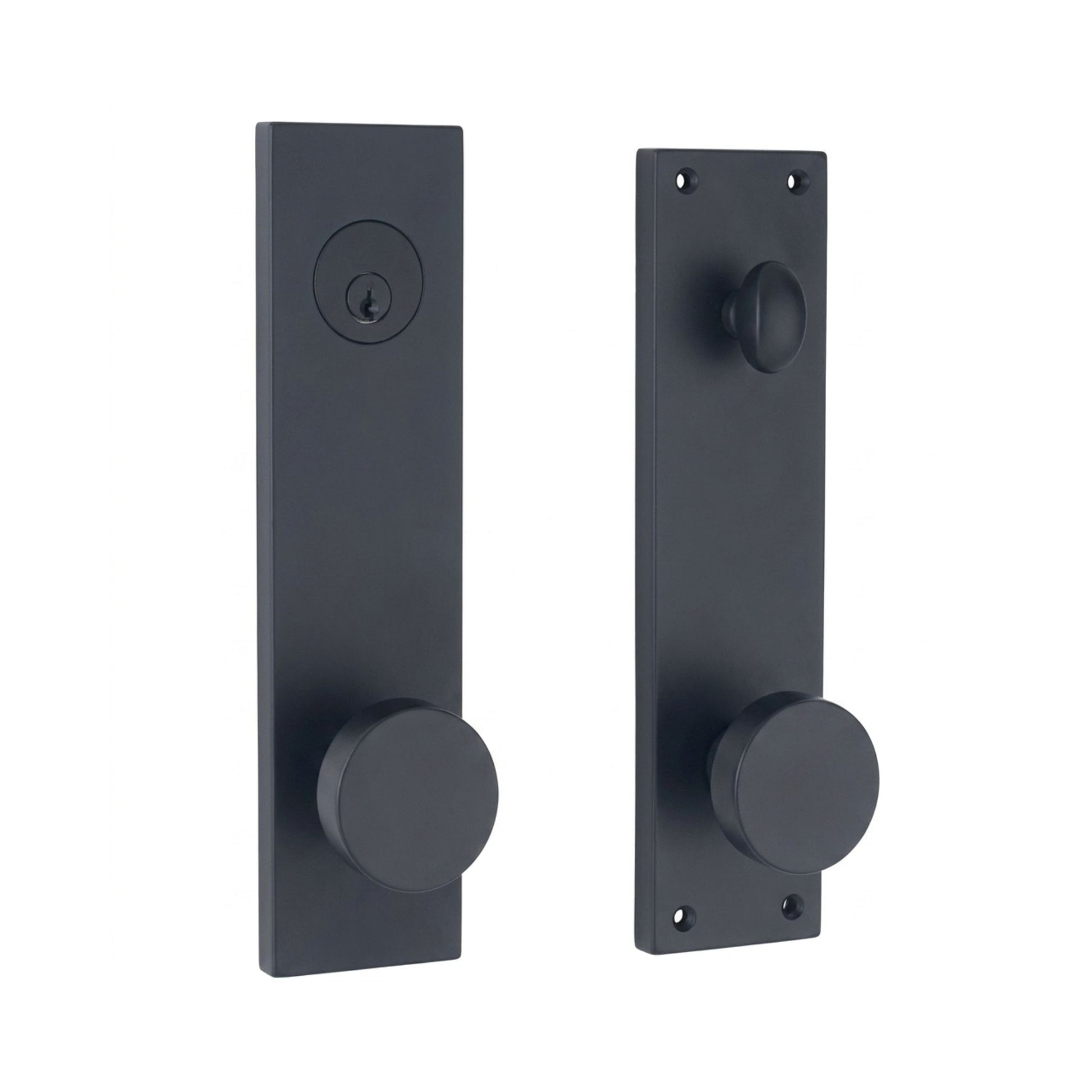Seville door handleset in matte black finish, square backplate with round flat knob, keyed deadbolt exterior and interior turn knob, shown as exterior and interior set
