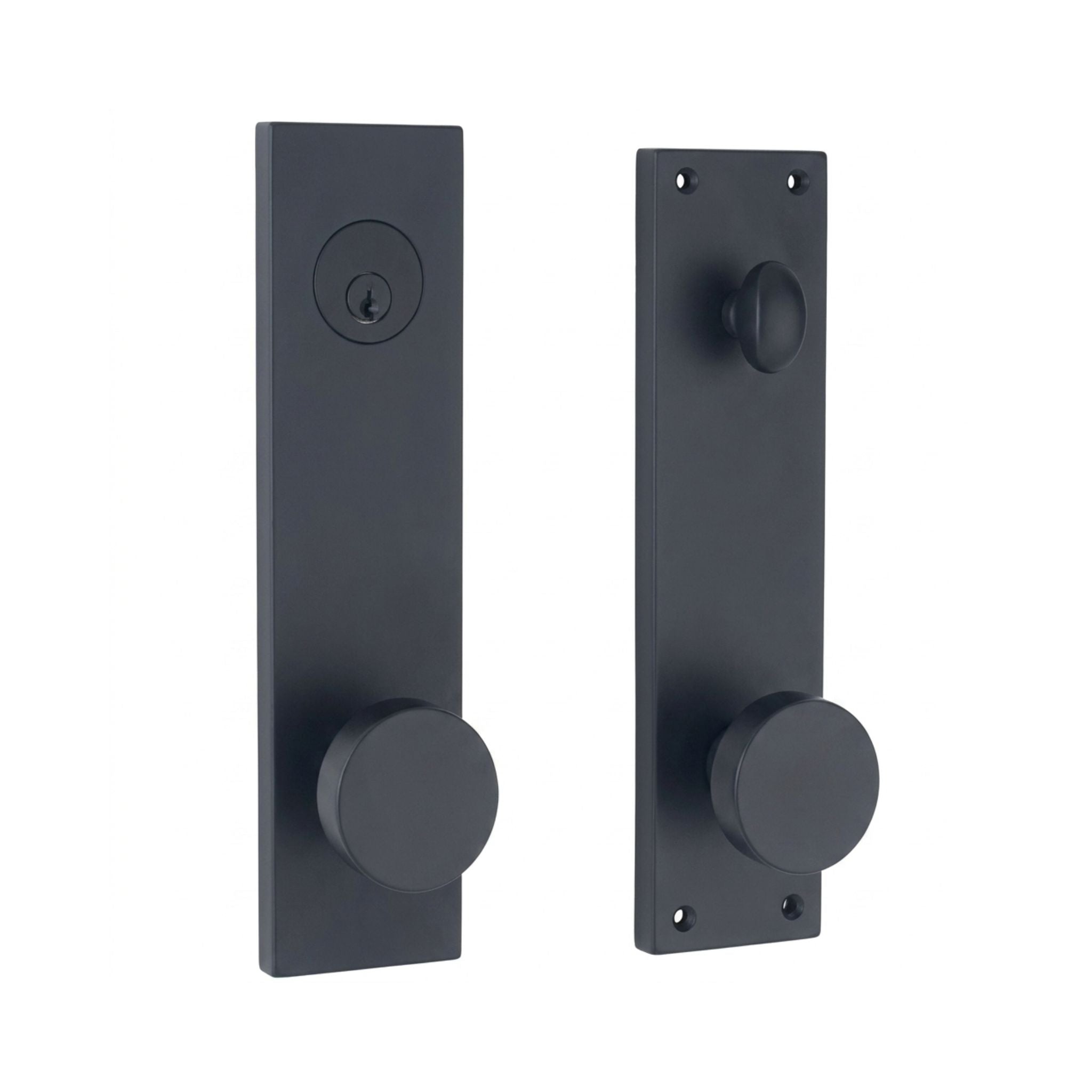 Seville door handleset in matte black finish, square backplate with round flat knob, keyed deadbolt exterior and interior turn knob, shown as exterior and interior set