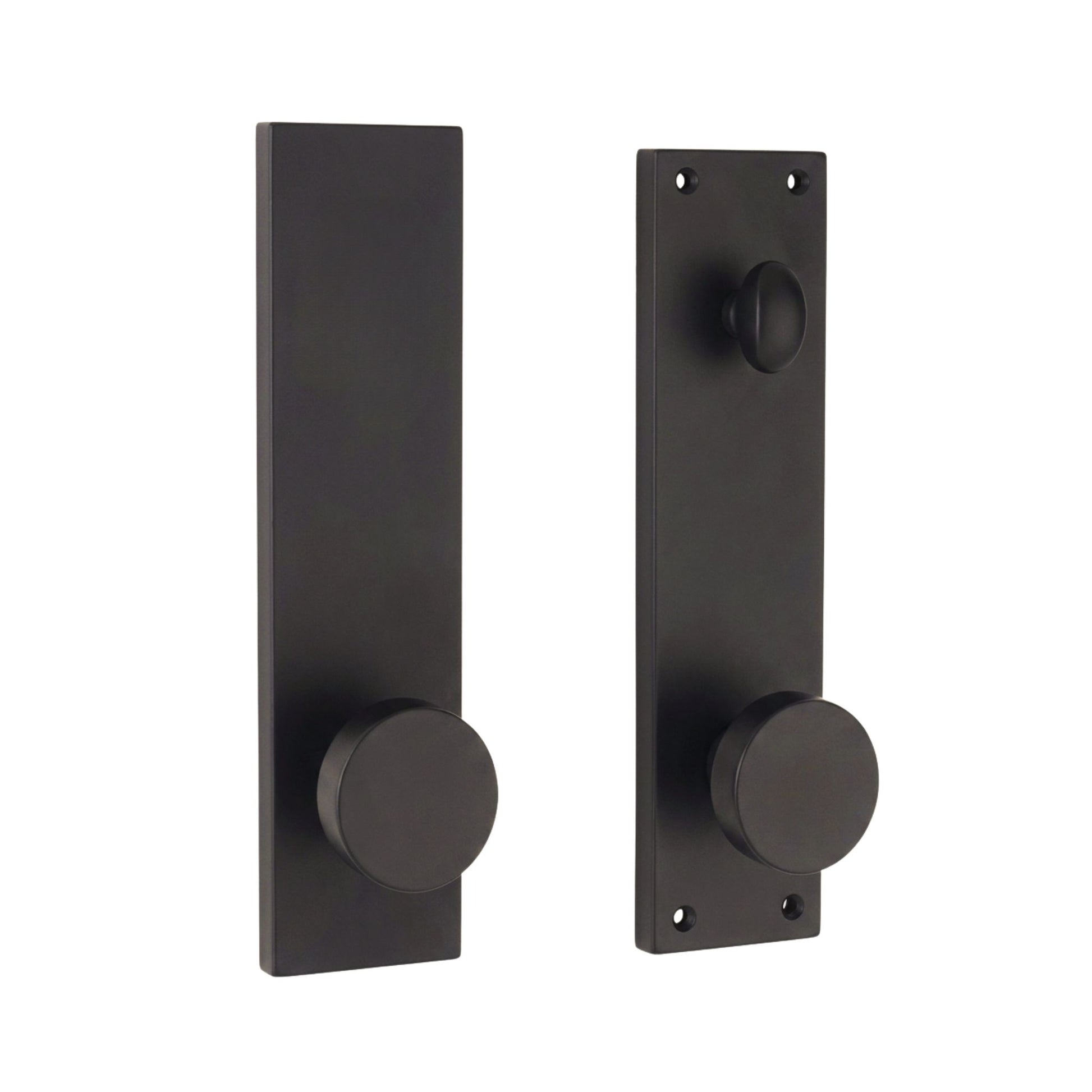 Seville dummy door handleset in oil-rubbed bronze finish, square backplate with round flat knob, no-lock dummy function for inactive doors, shown as exterior and interior set