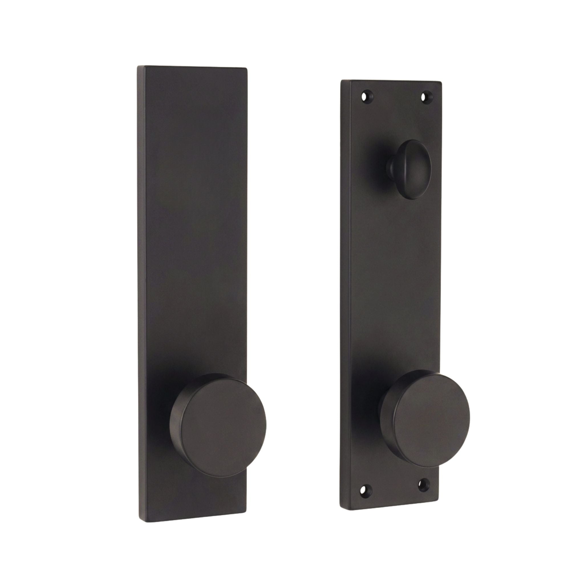 Seville dummy door handleset in oil-rubbed bronze finish, square backplate with round flat knob, no-lock dummy function for inactive doors, shown as exterior and interior set