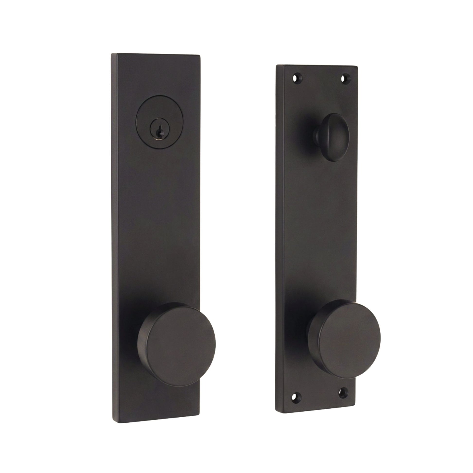 Seville door handleset in oil-rubbed bronze finish, square backplate with round flat knob, keyed deadbolt exterior and interior turn knob, shown as exterior and interior set
