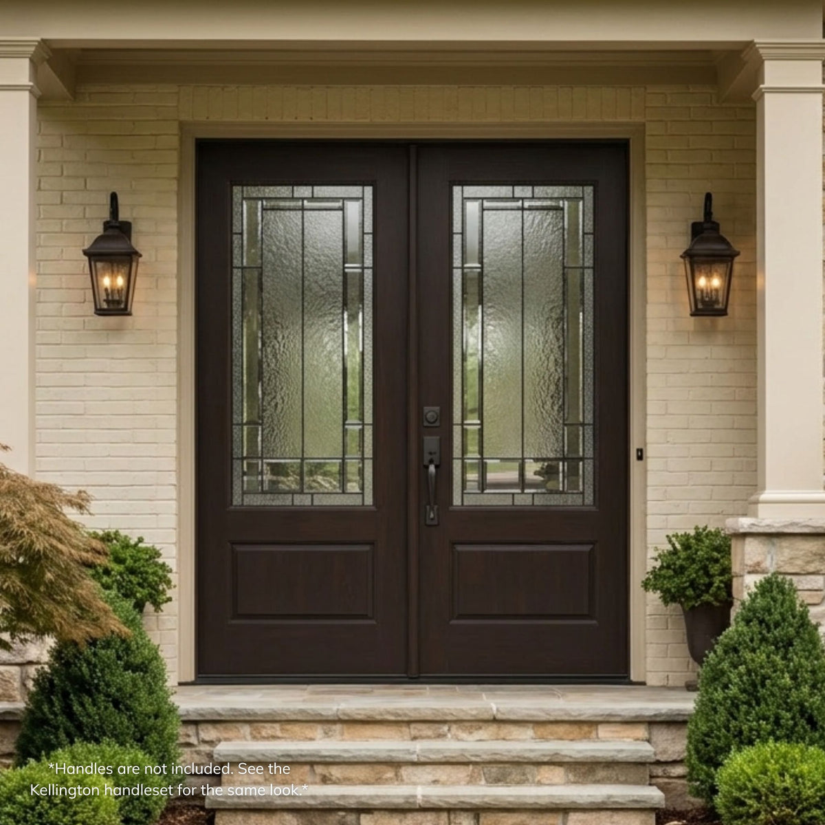 Skyline fiberglass double entry door in a mahogany wood-grain finish, featuring full-lite decorative glass panels with a linear geometric pattern on each leaf, installed on a cream brick home.