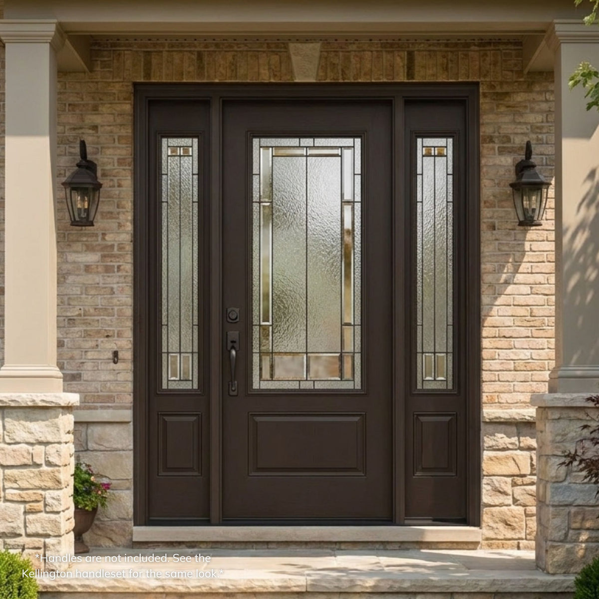 Skyline fiberglass single entry door with sidelites in a mahogany wood-grain finish, featuring a decorative glass lite with a linear geometric pattern echoed in the matching sidelites, installed on a brick home.