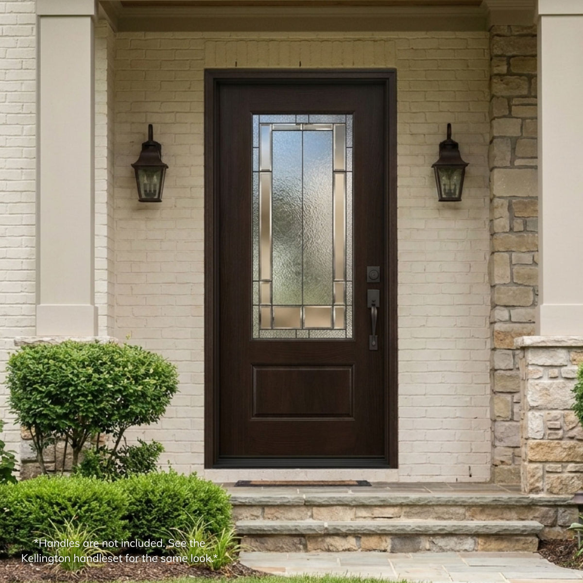 Skyline fiberglass single entry door in a prefinished mahogany wood-grain finish, featuring a rectangular decorative glass lite with a linear geometric pattern, installed on a stone home with matching wall lanterns.