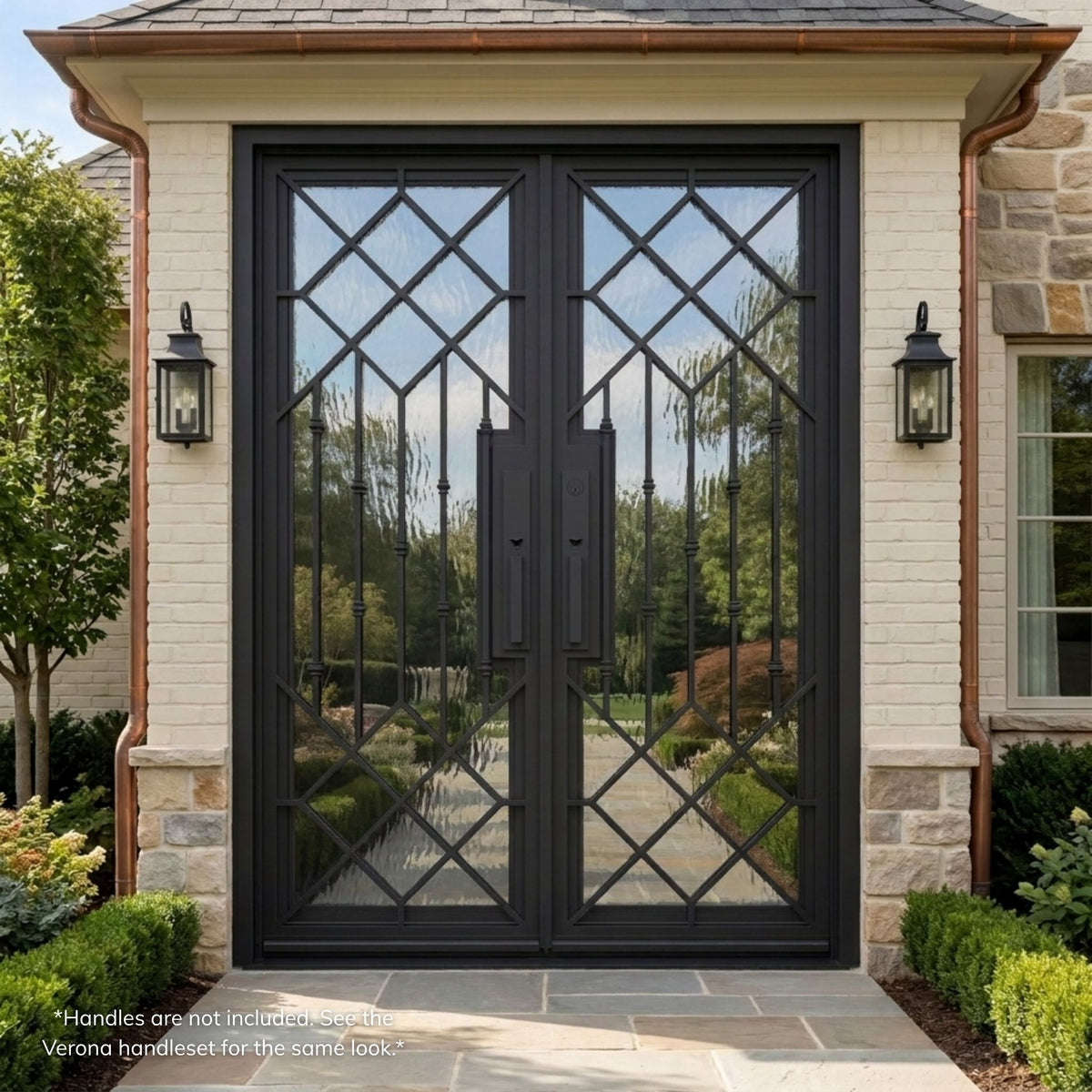 Slim Lux wrought iron double entry door, matte black finish with diamond lattice pattern and operable Flemish glass, installed on a stone home exterior